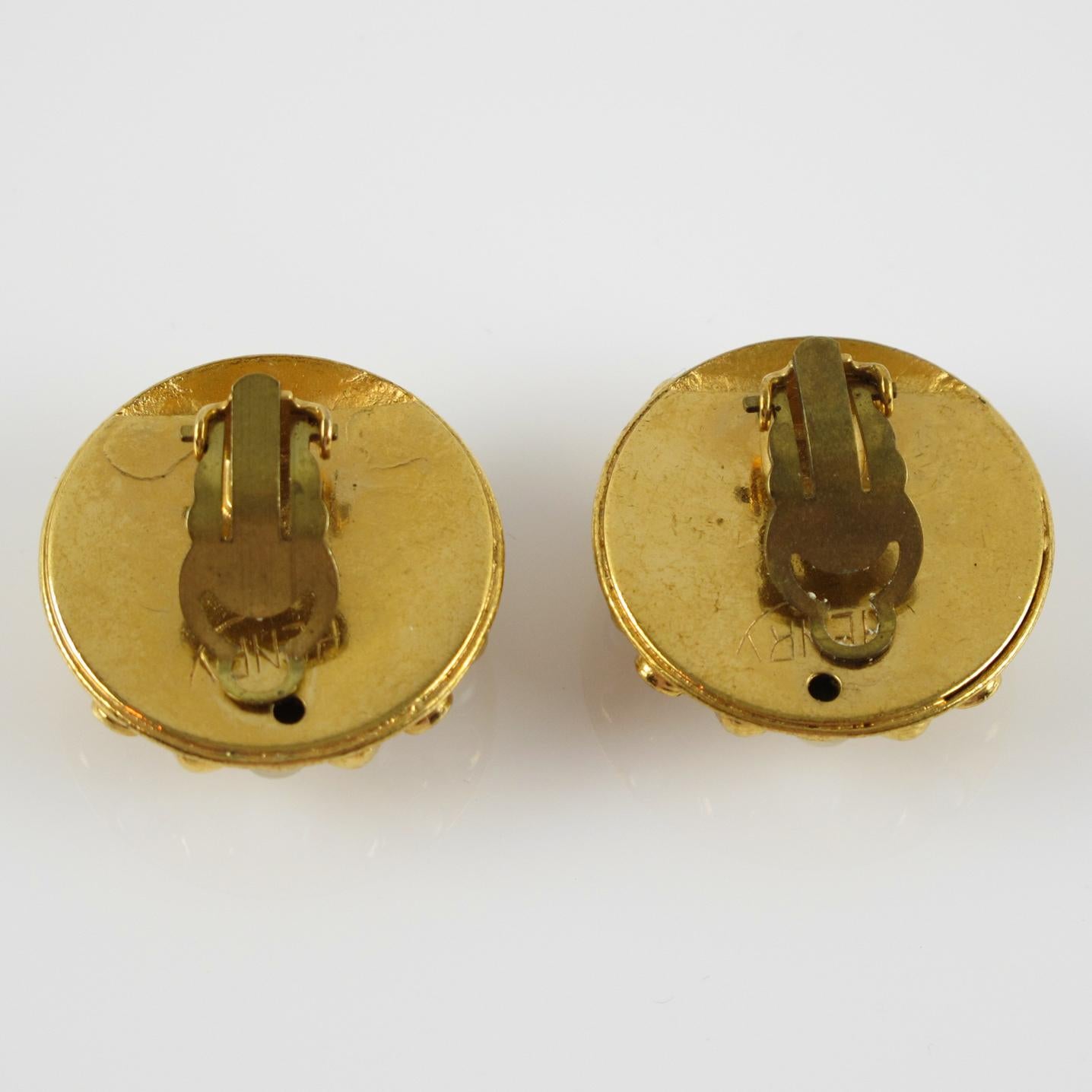 Henry Perichon Gilded Metal Clip-on Earrings with Crystal and Stones In Excellent Condition For Sale In Atlanta, GA