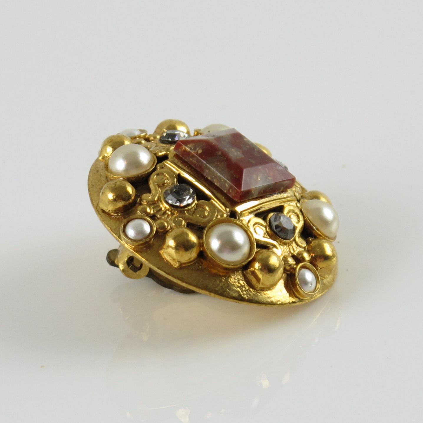Henry Perichon Gilded Metal Clip-on Earrings with Crystal and Stones For Sale 1