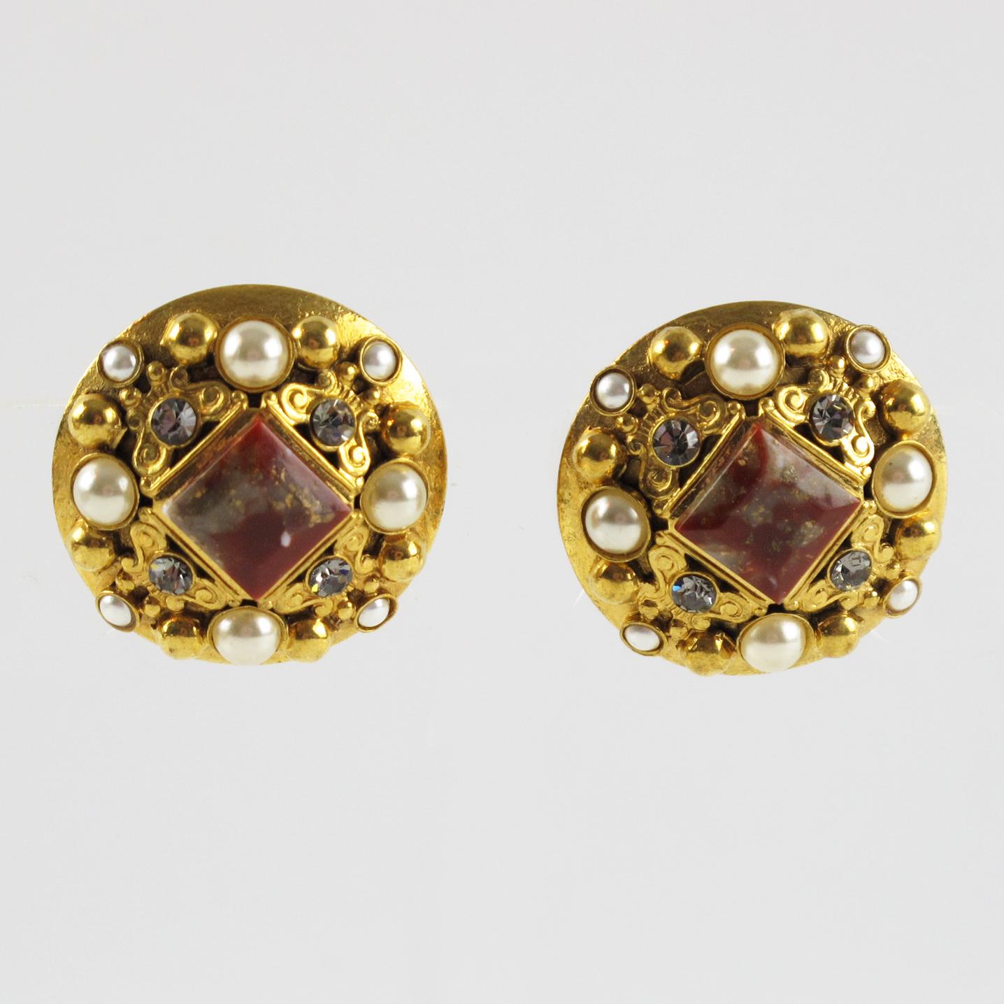 Henry Perichon Gilded Metal Clip-on Earrings with Crystal and Stones For Sale 2