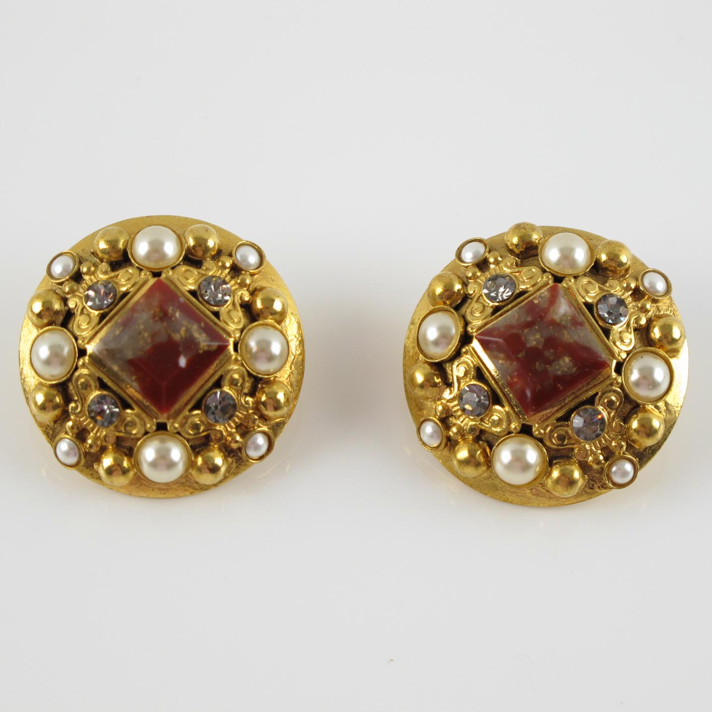 Henry Perichon Gilded Metal Clip-on Earrings with Crystal and Stones For Sale 3