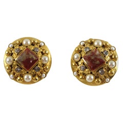 Vintage Henry Perichon Gilt Metal Jeweled Clip Earrings