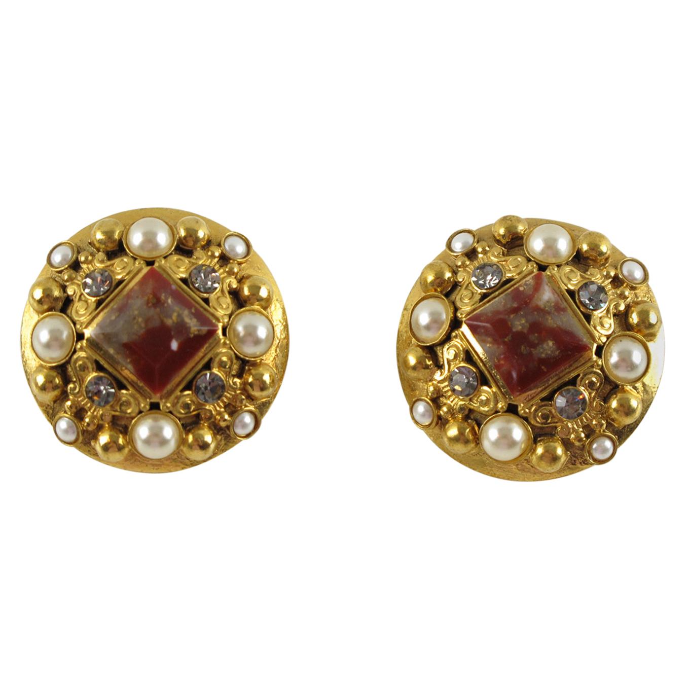 Henry Perichon Gilded Metal Clip-on Earrings with Crystal and Stones For Sale