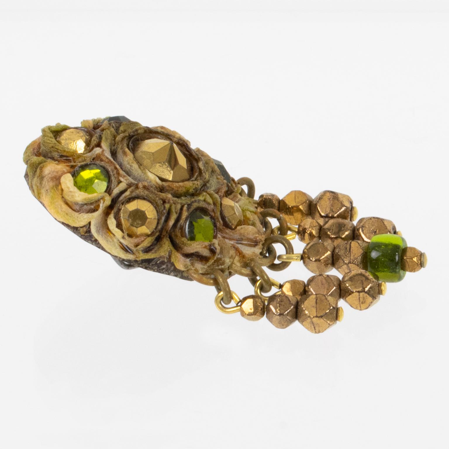 Women's Henry Perichon Talosel Clip Earrings with Bronze and Green Cabochons For Sale