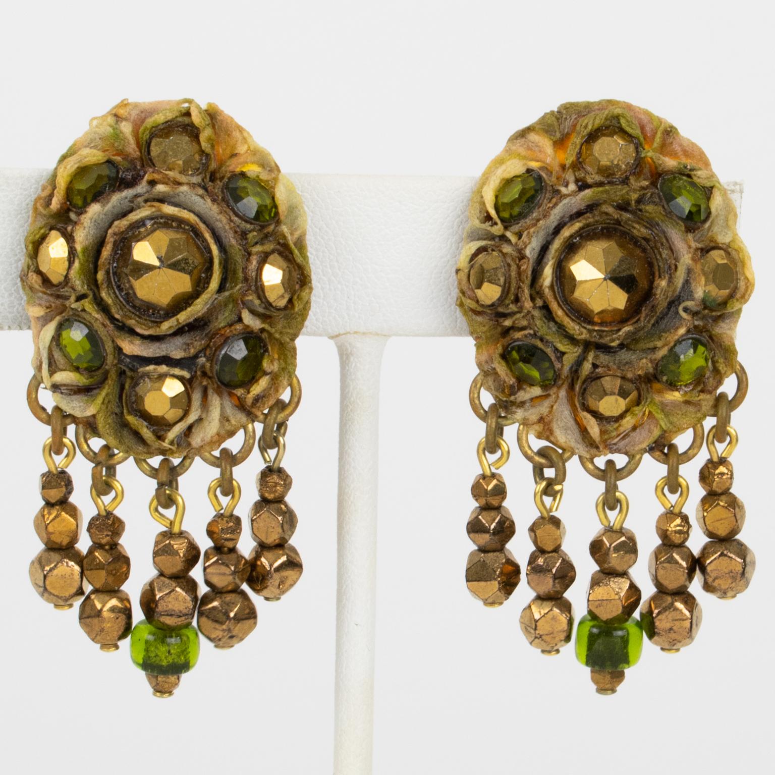 Medieval Henry Perichon Talosel Clip Earrings with Bronze and Green Cabochons For Sale