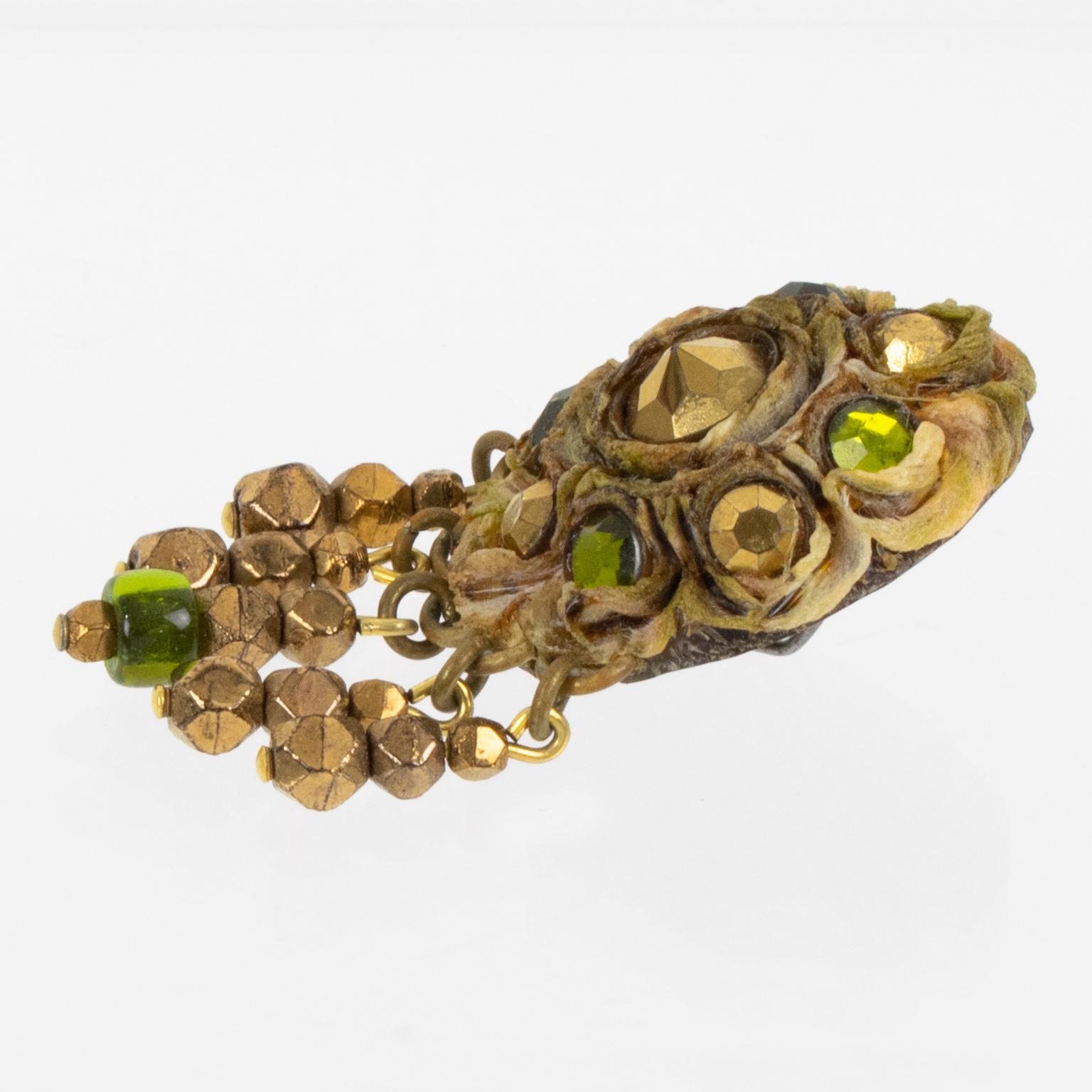 Henry Perichon Talosel Clip Earrings with Bronze and Green Cabochons For Sale 2