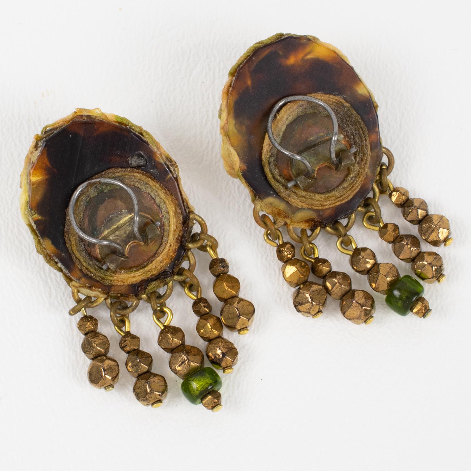 Women's Henry Perichon Talosel Clip Earrings with Bronze and Green Cabochons For Sale