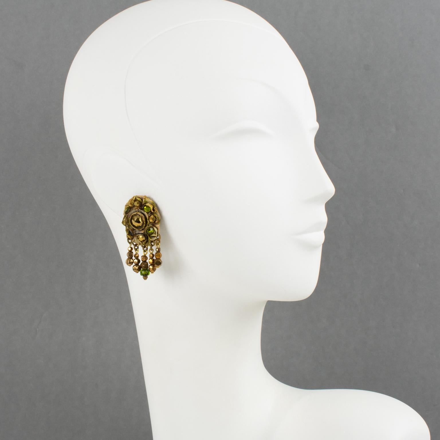 Henry Perichon Talosel Clip Earrings with Bronze and Green Cabochons For Sale 3