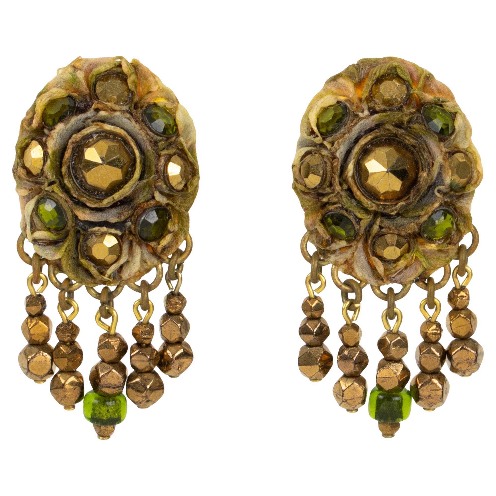 Henry Perichon Talosel Clip Earrings with Bronze and Green Cabochons For Sale