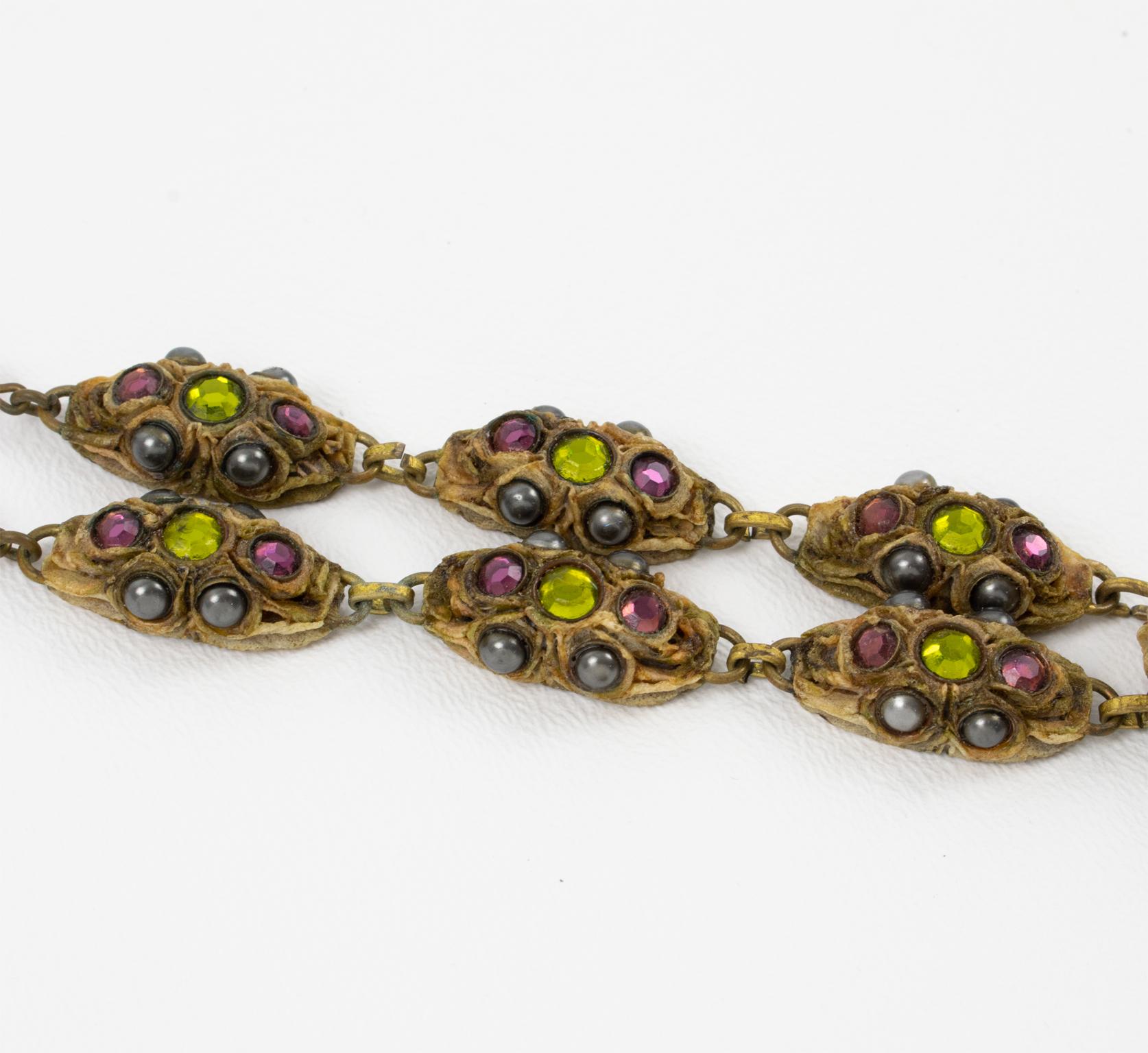 Medieval Henry Perichon Talosel Resin Choker Necklace with Green and Purple Cabochons