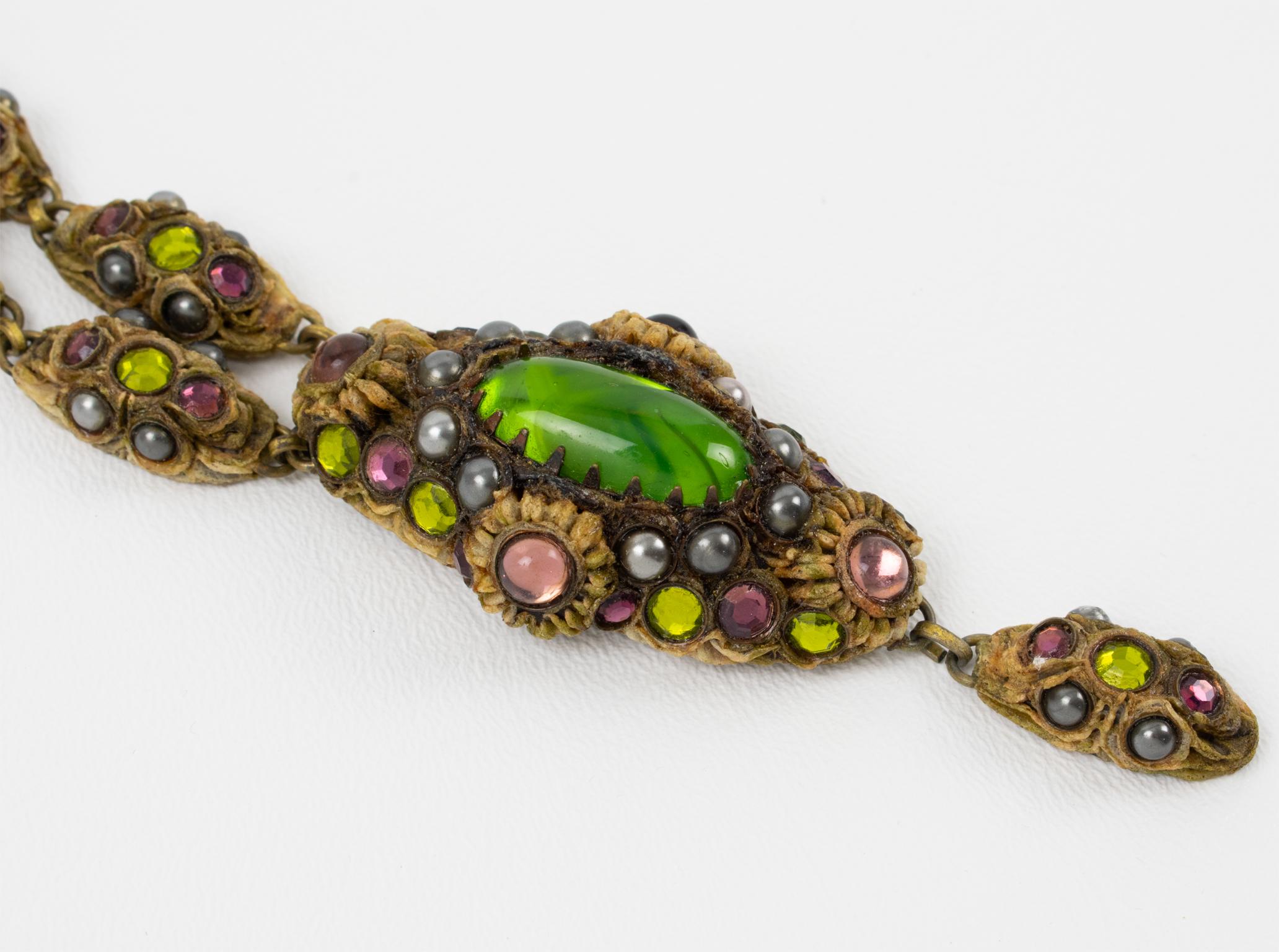 Henry Perichon Talosel Resin Choker Necklace with Green and Purple Cabochons In Good Condition In Atlanta, GA