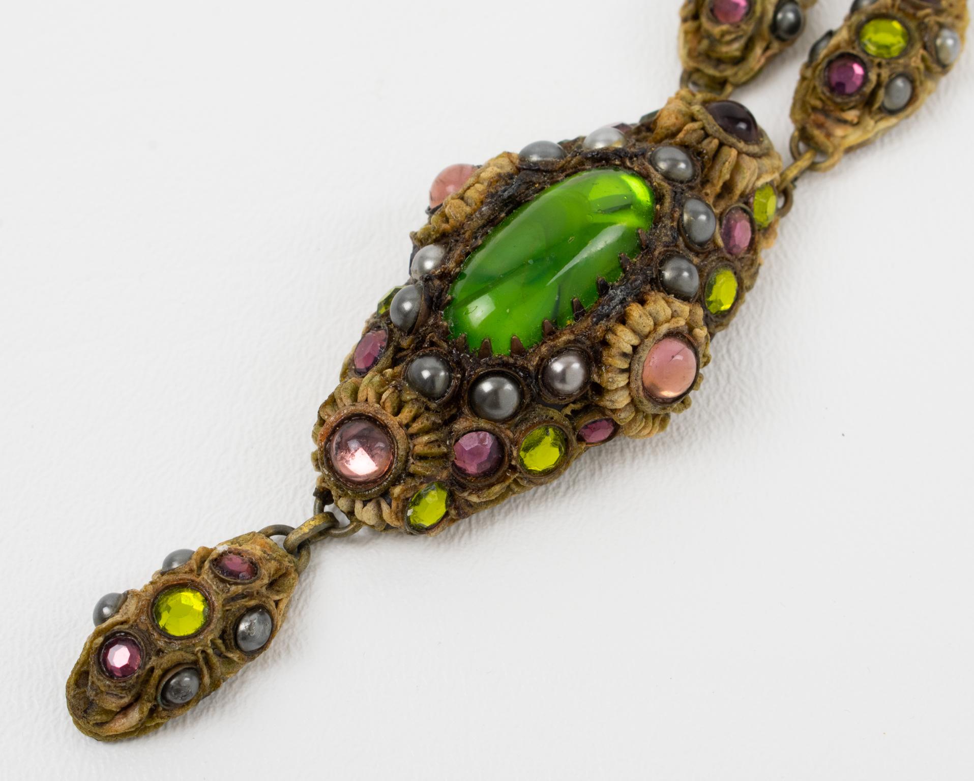 Women's Henry Perichon Talosel Resin Choker Necklace with Green and Purple Cabochons