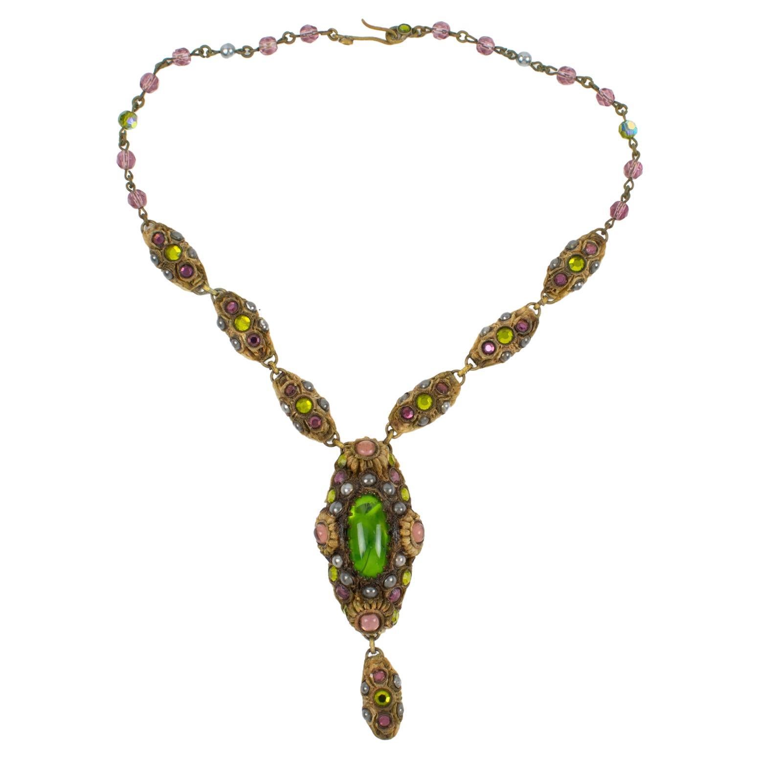 Henry Perichon Talosel Resin Choker Necklace with Green and Purple Cabochons