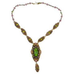Retro Henry Perichon Talosel Resin Choker Necklace with Green and Purple Cabochons