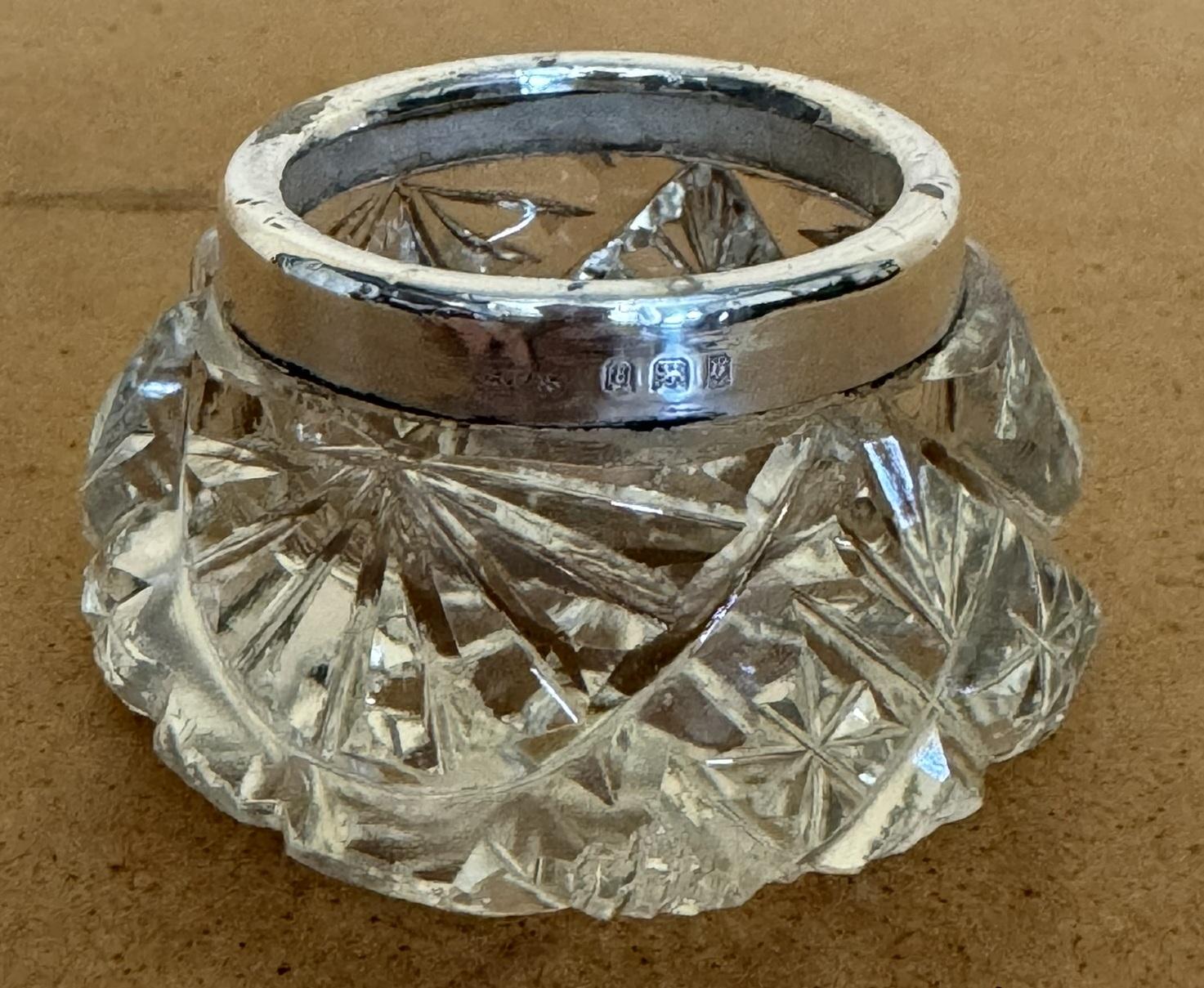 HENRY PERKINS & SONS ANTIQUE CUT GLASS CRYSTAL TRiNKET POT STERLING SILVER TRIM For Sale 2