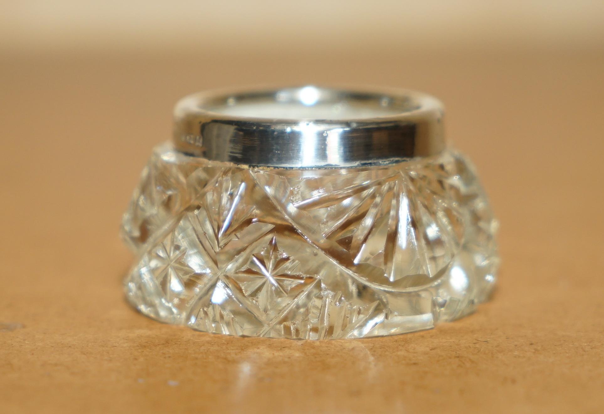 Art Deco HENRY PERKINS & SONS ANTIQUE CUT GLASS CRYSTAL TRiNKET POT STERLING SILVER TRIM For Sale