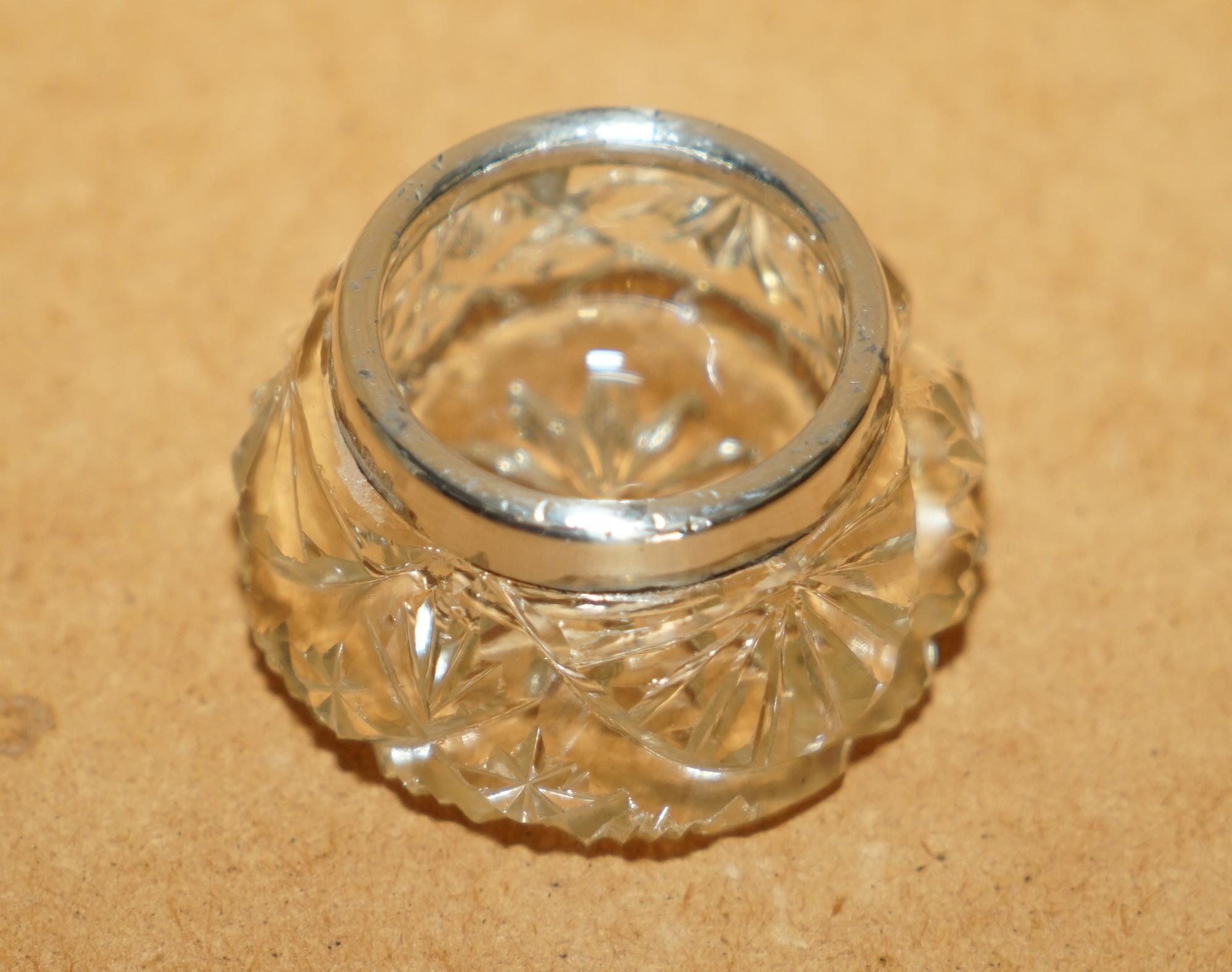 English HENRY PERKINS & SONS ANTIQUE CUT GLASS CRYSTAL TRiNKET POT STERLING SILVER TRIM For Sale
