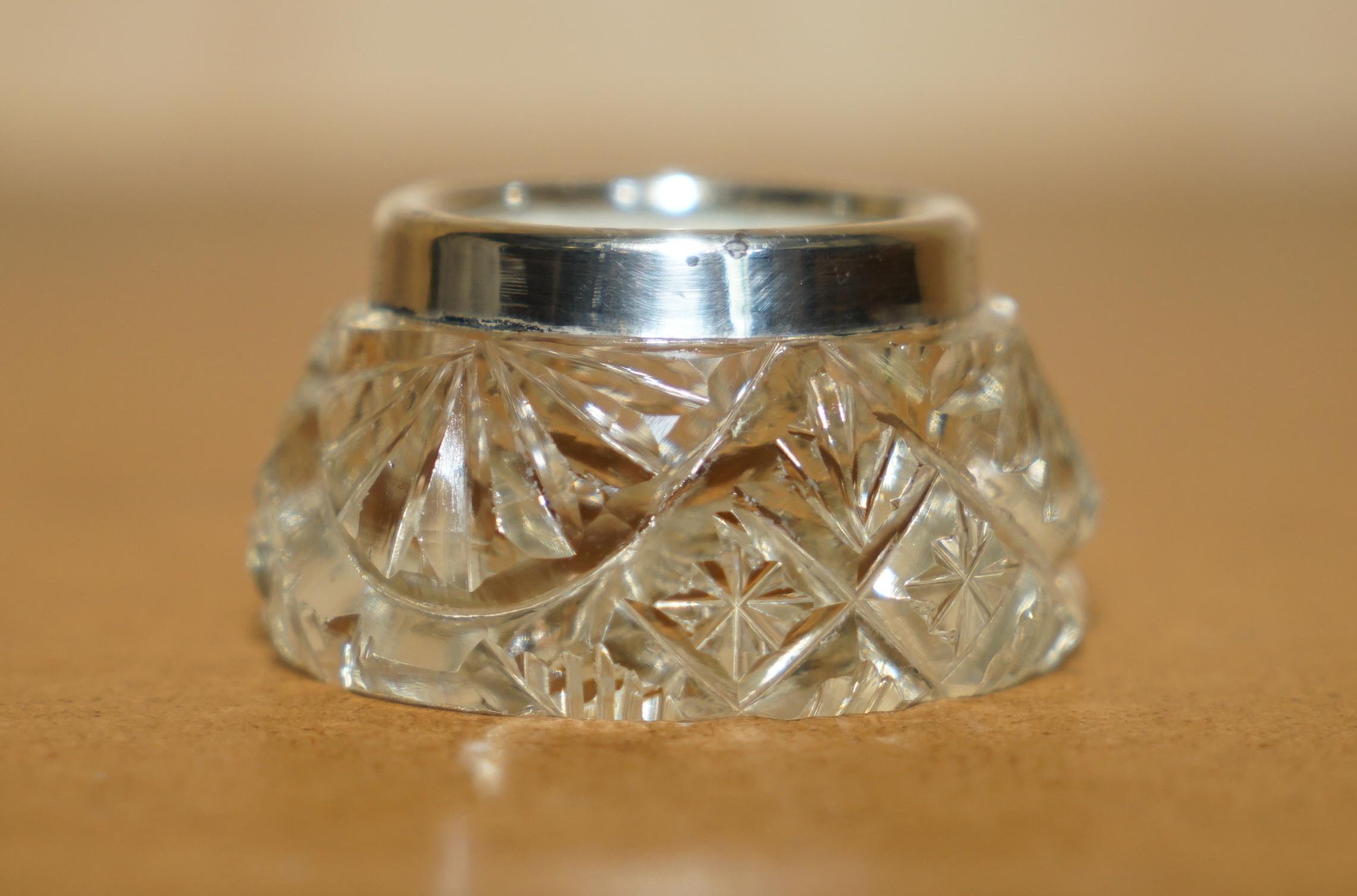 Hand-Crafted HENRY PERKINS & SONS ANTIQUE CUT GLASS CRYSTAL TRiNKET POT STERLING SILVER TRIM For Sale