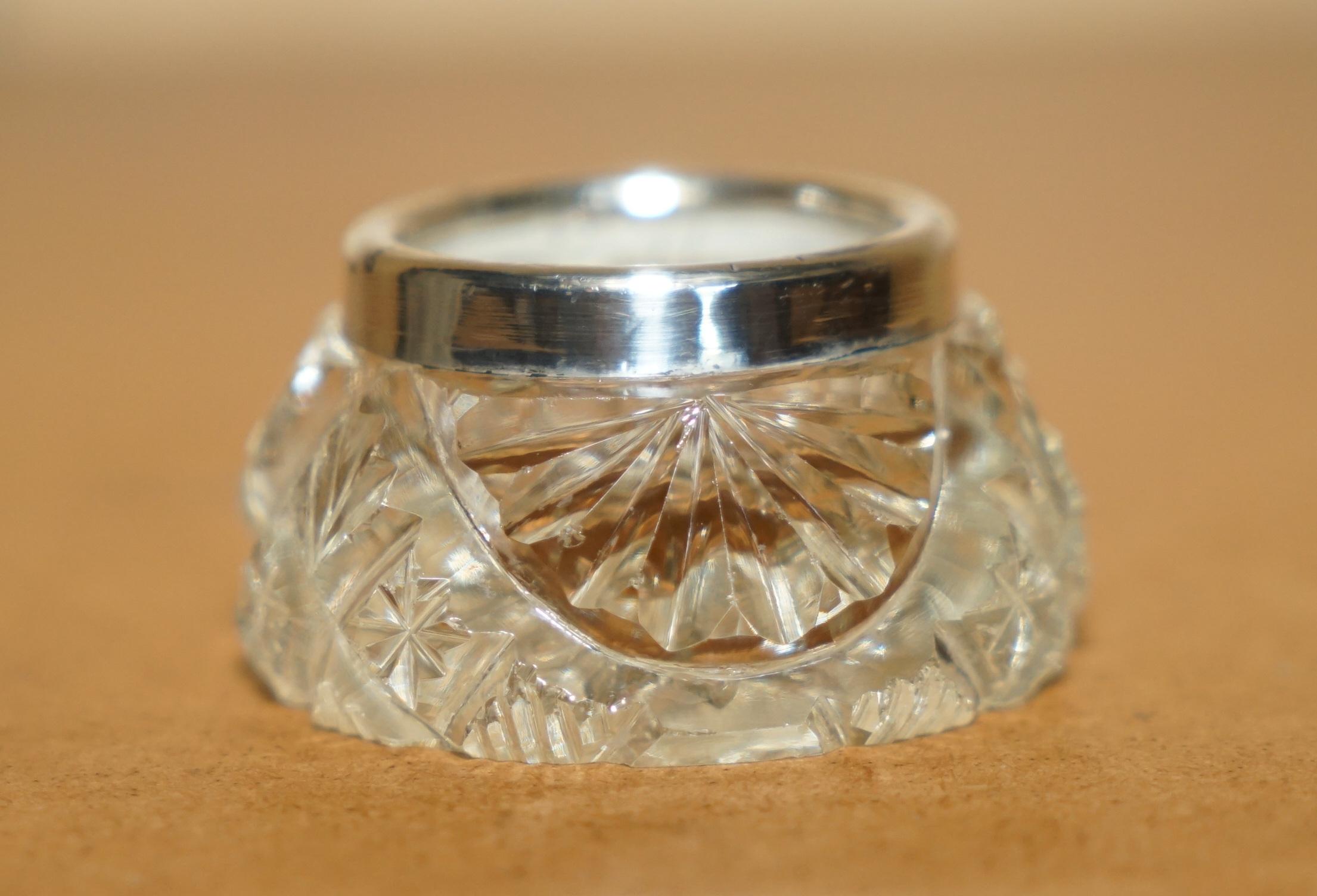 HENRY PERKINS & SONS ANTIQUE CUT GLASS CRYSTAL TRiNKET POT STERLING SILVER TRIM In Good Condition For Sale In West Sussex, Pulborough