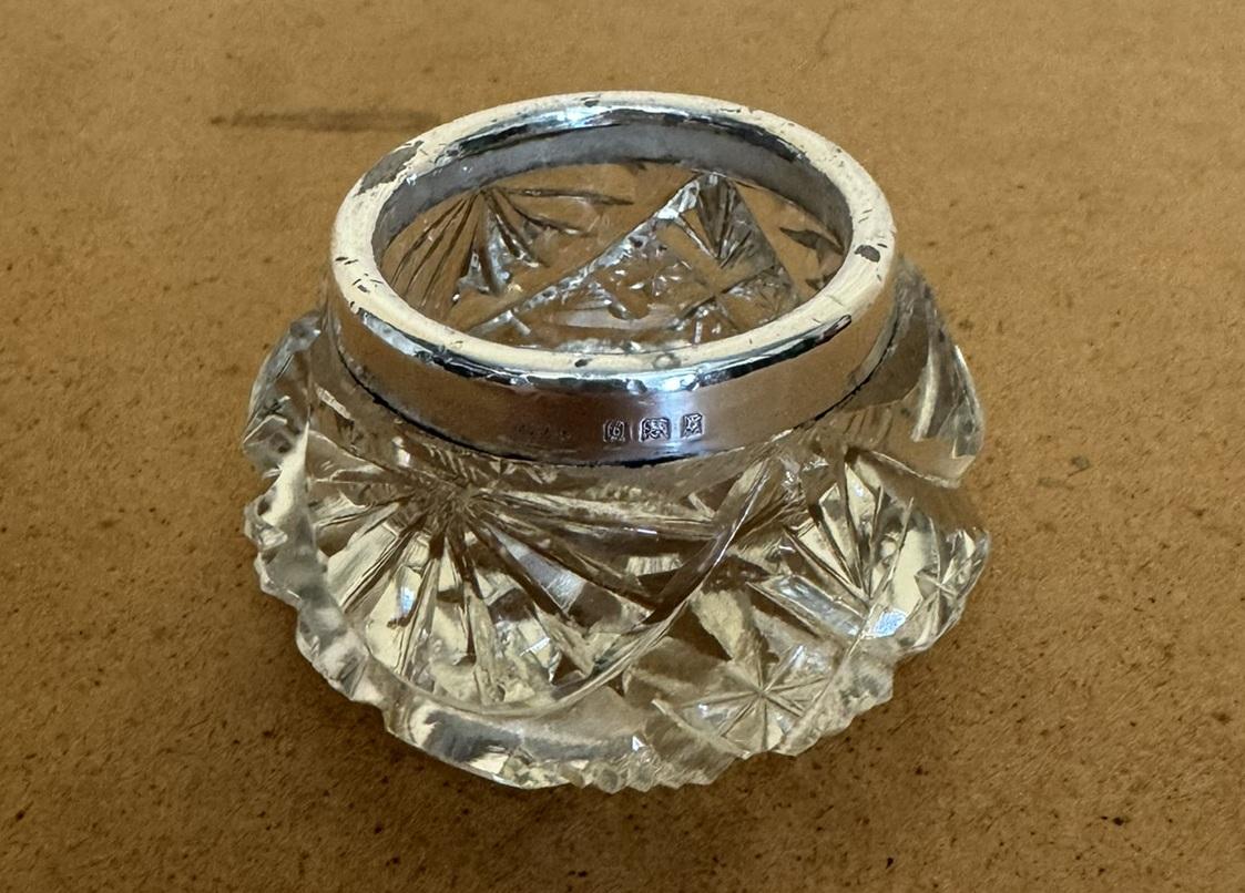 Cut Glass HENRY PERKINS & SONS ANTIQUE CUT GLASS CRYSTAL TRiNKET POT STERLING SILVER TRIM For Sale