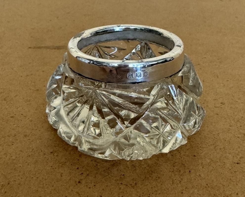 HENRY PERKINS & SONS ANTIQUE CUT GLASS CRYSTAL TRiNKET POT STERLING SILVER TRIM For Sale 1