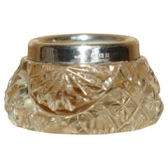 HENRY PERKINS & SONS ANTIQUE CUT GLASS CRYSTAL TRiNKET POT STERLING SILVER TRIM