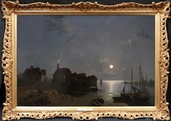 Large Fine 19th Century English Oil Painting of the River Thames by Moonlight