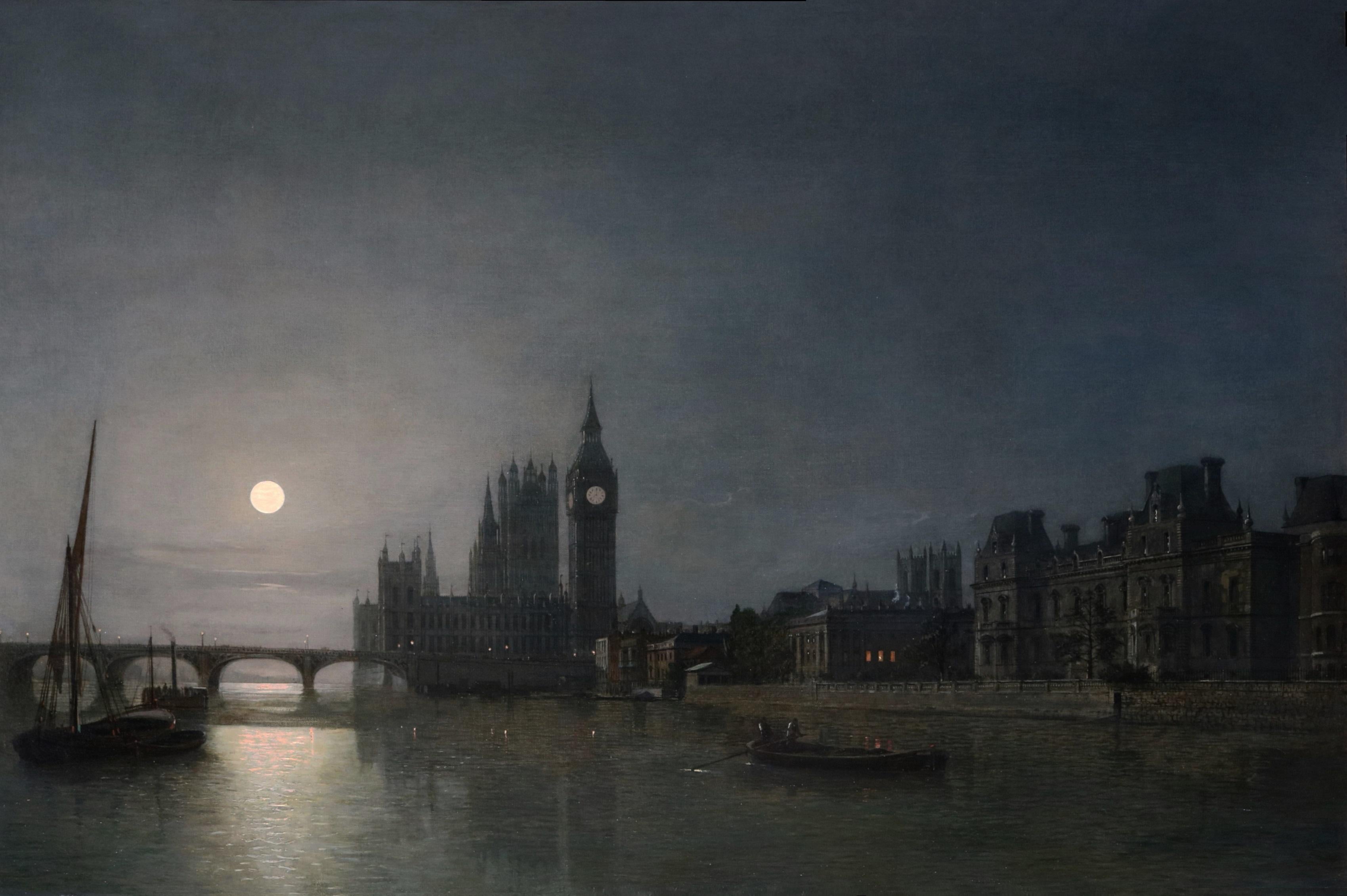Large Fine 19th Century Landscape Oil on Canvas of Victorian London by Moonlight