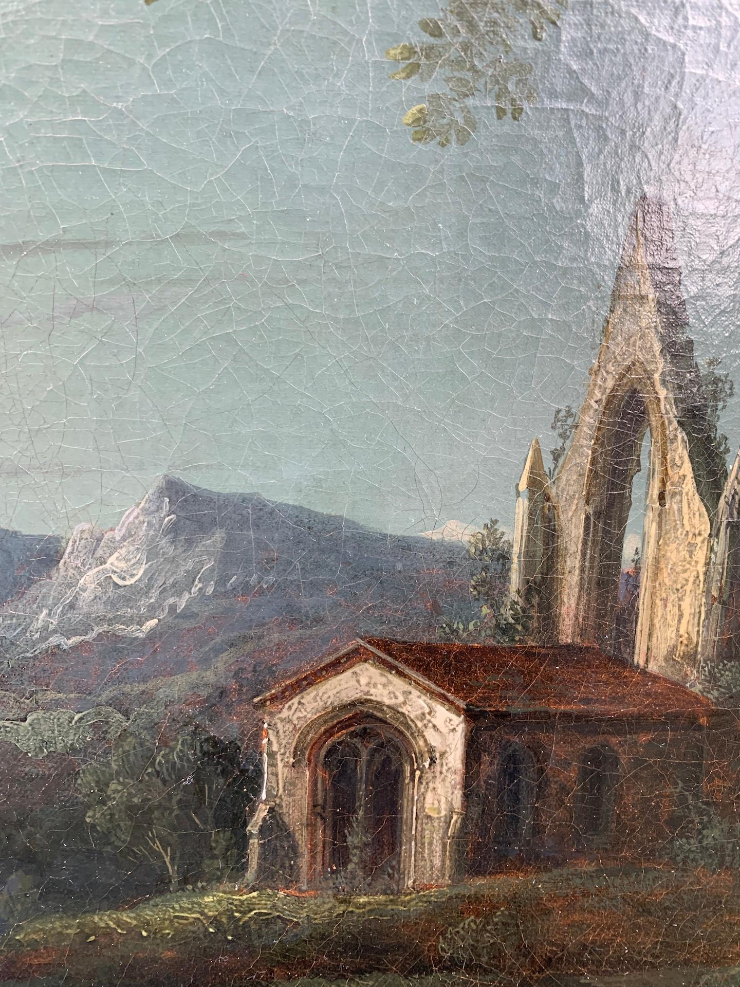 Fine del XVIII secolo Antico inglese Chiaro di luna su un paesaggio di lago e chiesa 5