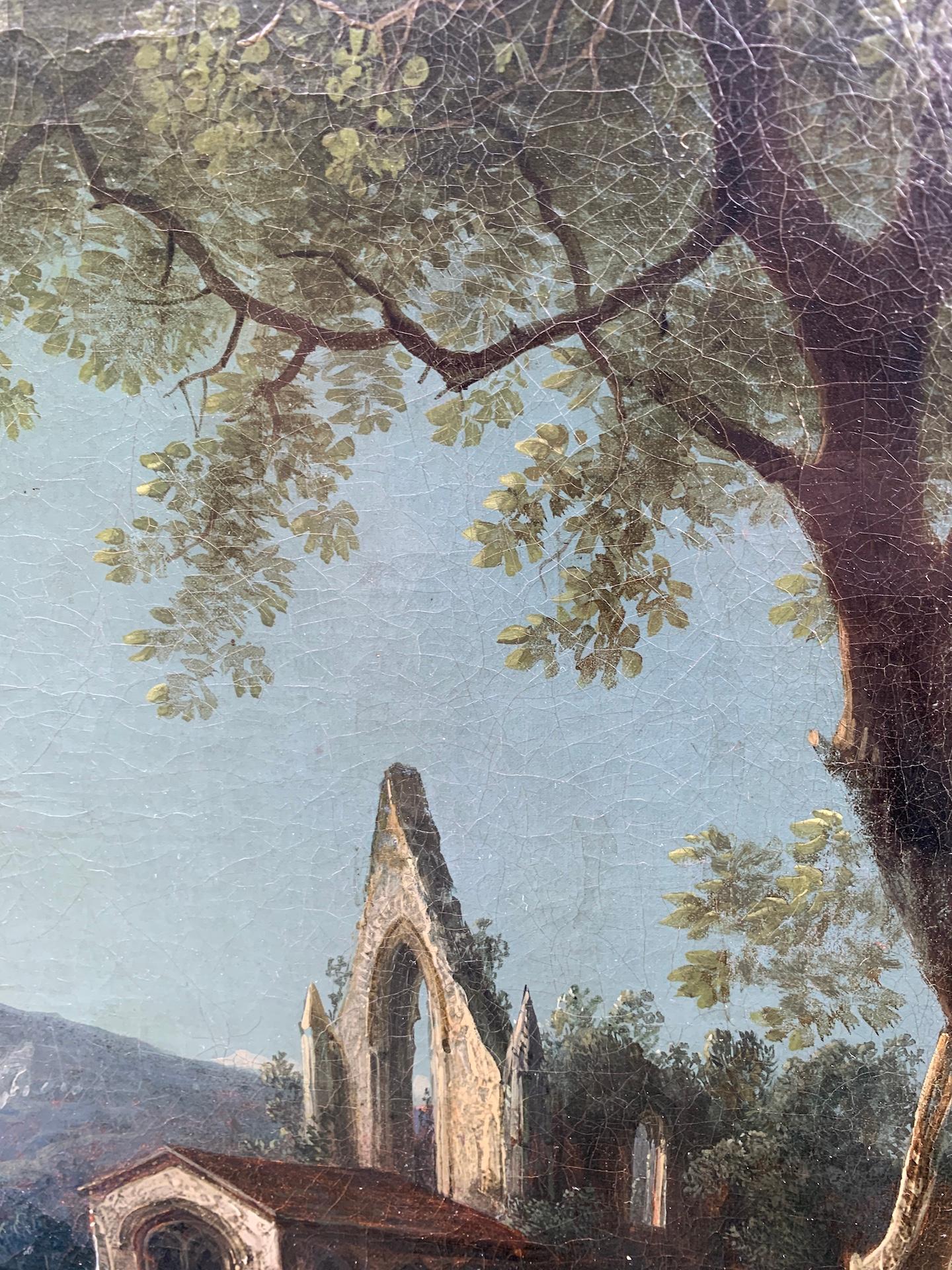 Antikes englisches Mondlicht aus dem späten 18. Jahrhundert über einem See und einer Kirchenlandschaft im Angebot 7