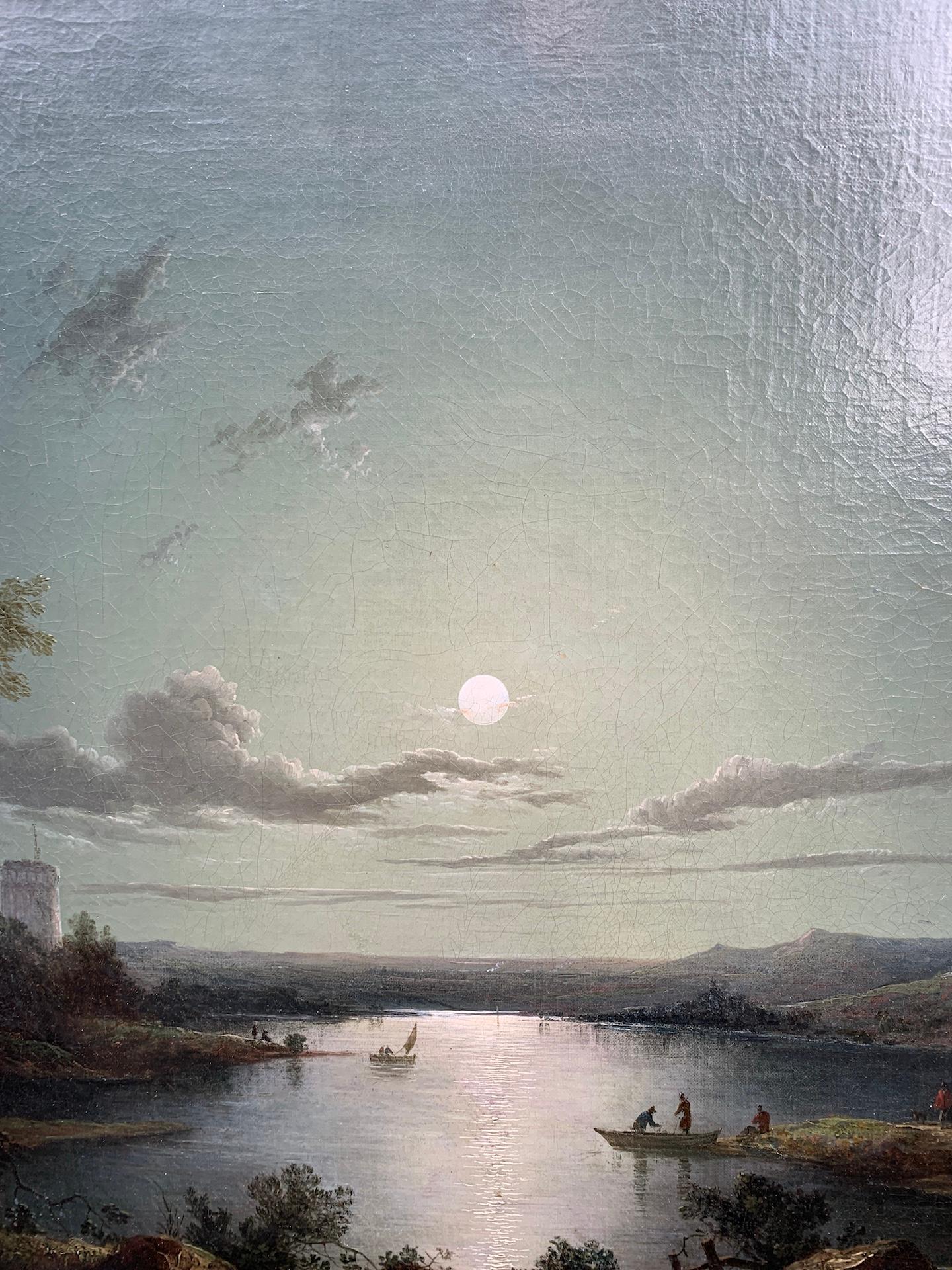 Late 18th century Antique English Moonlight over a lake and church landscape For Sale 7
