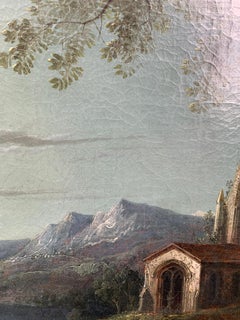 Late 18th century Antique English Moonlight over a lake and church landscape