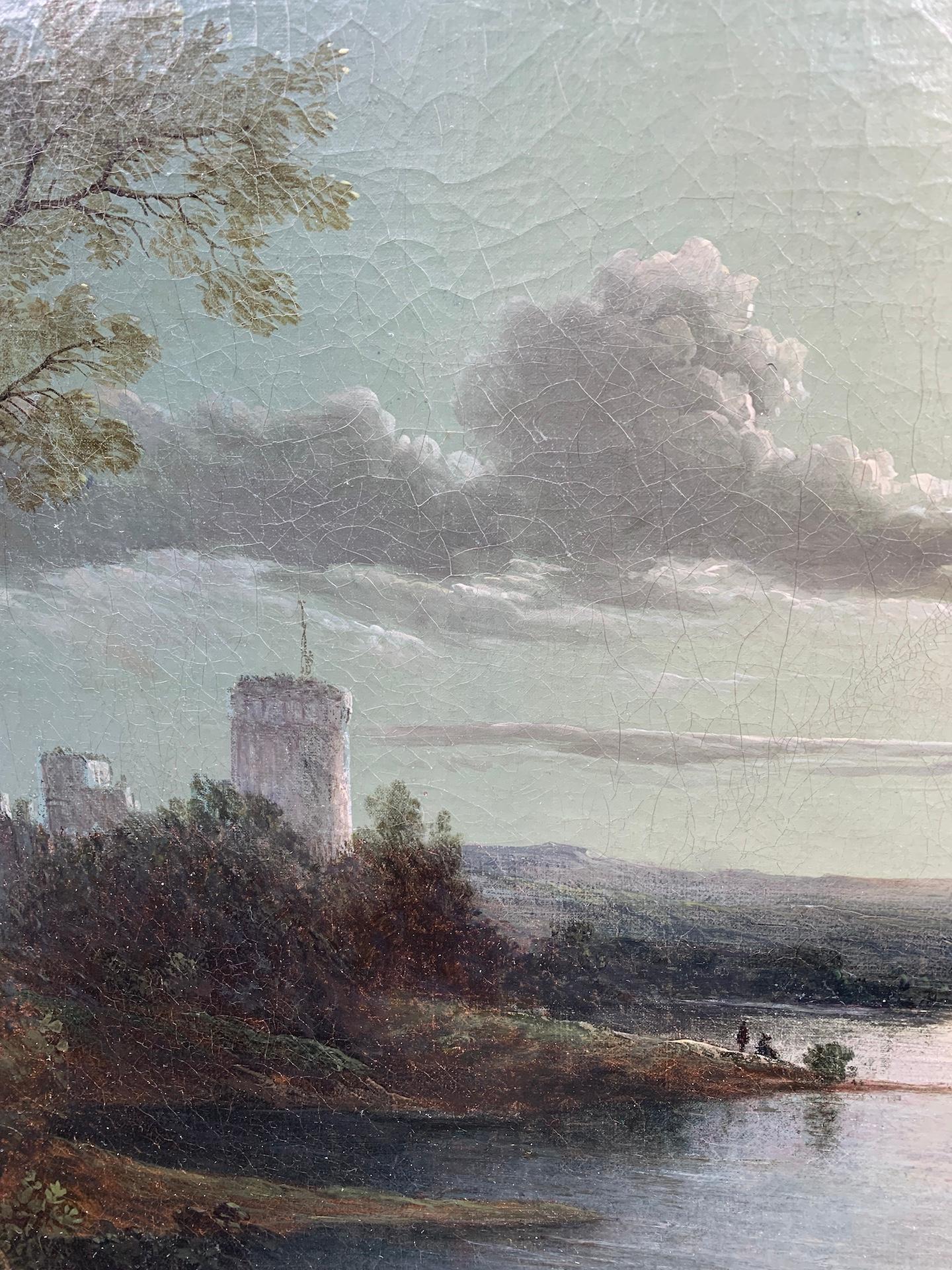 Fine del XVIII secolo Antico inglese Chiaro di luna su un paesaggio di lago e chiesa 1