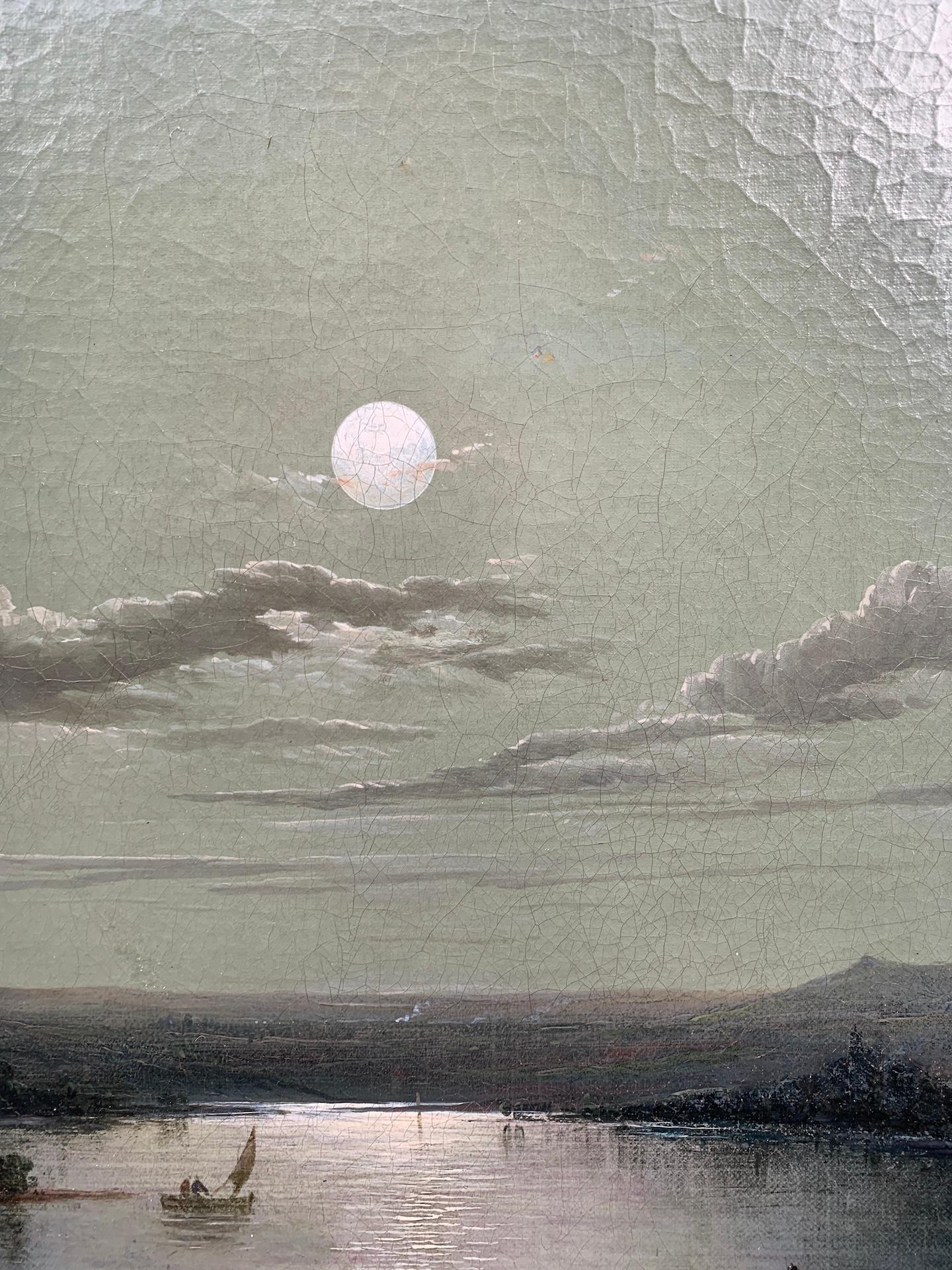 Late 18th century Antique English Moonlight over a lake and church landscape - Gray Landscape Painting by Henry Pether