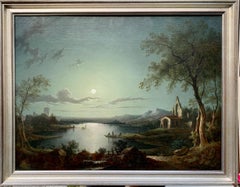 Late 18th century Antique English Moonlight over a lake and church landscape