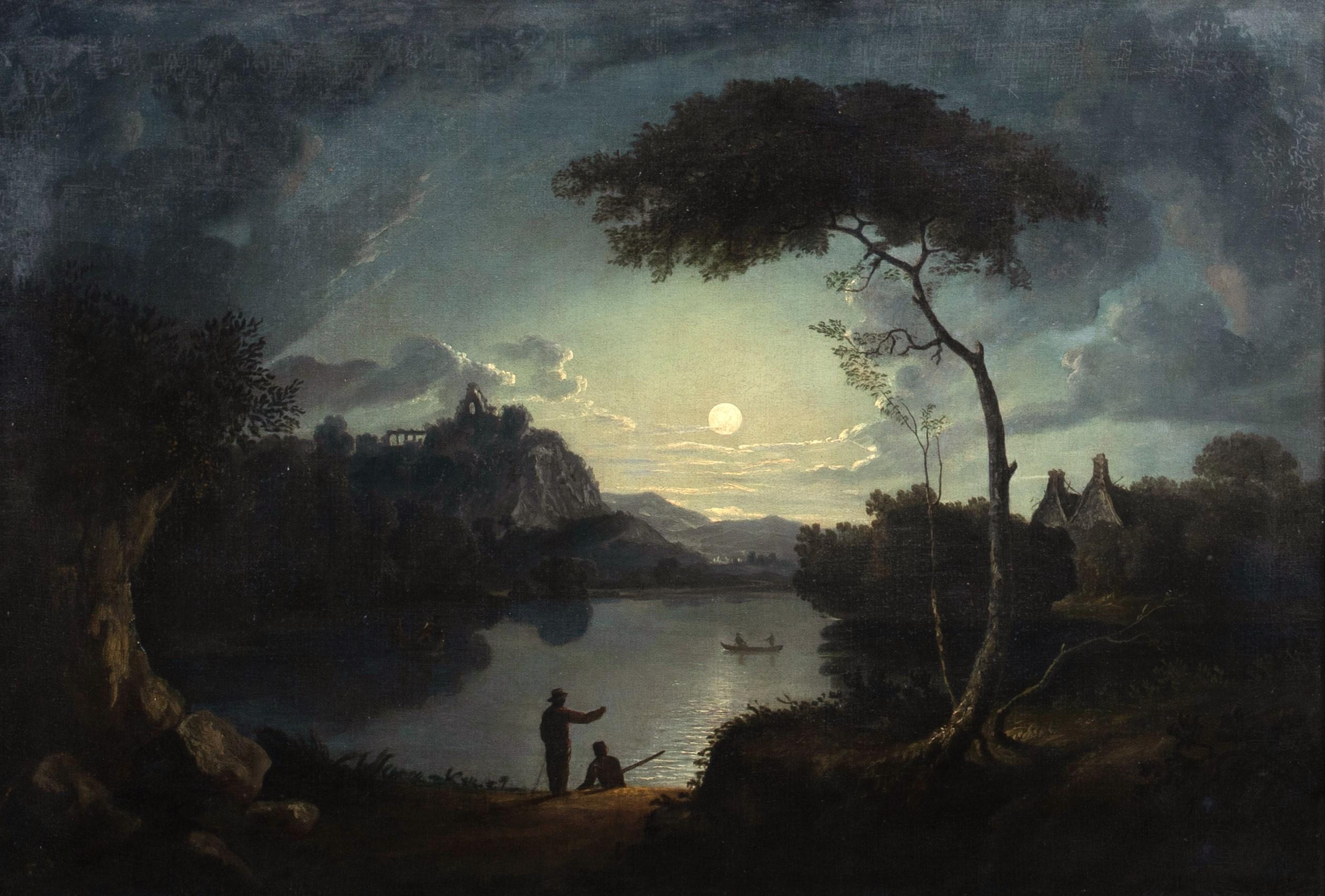 Paesaggio fluviale al chiaro di luna, XIX secolo

attribuito a Henry Pether (1800-1865)

Grande paesaggio fluviale illuminato dalla luna, olio su tela del XIX secolo. Eccellente qualità e stato di conservazione ampia veduta di figure che si