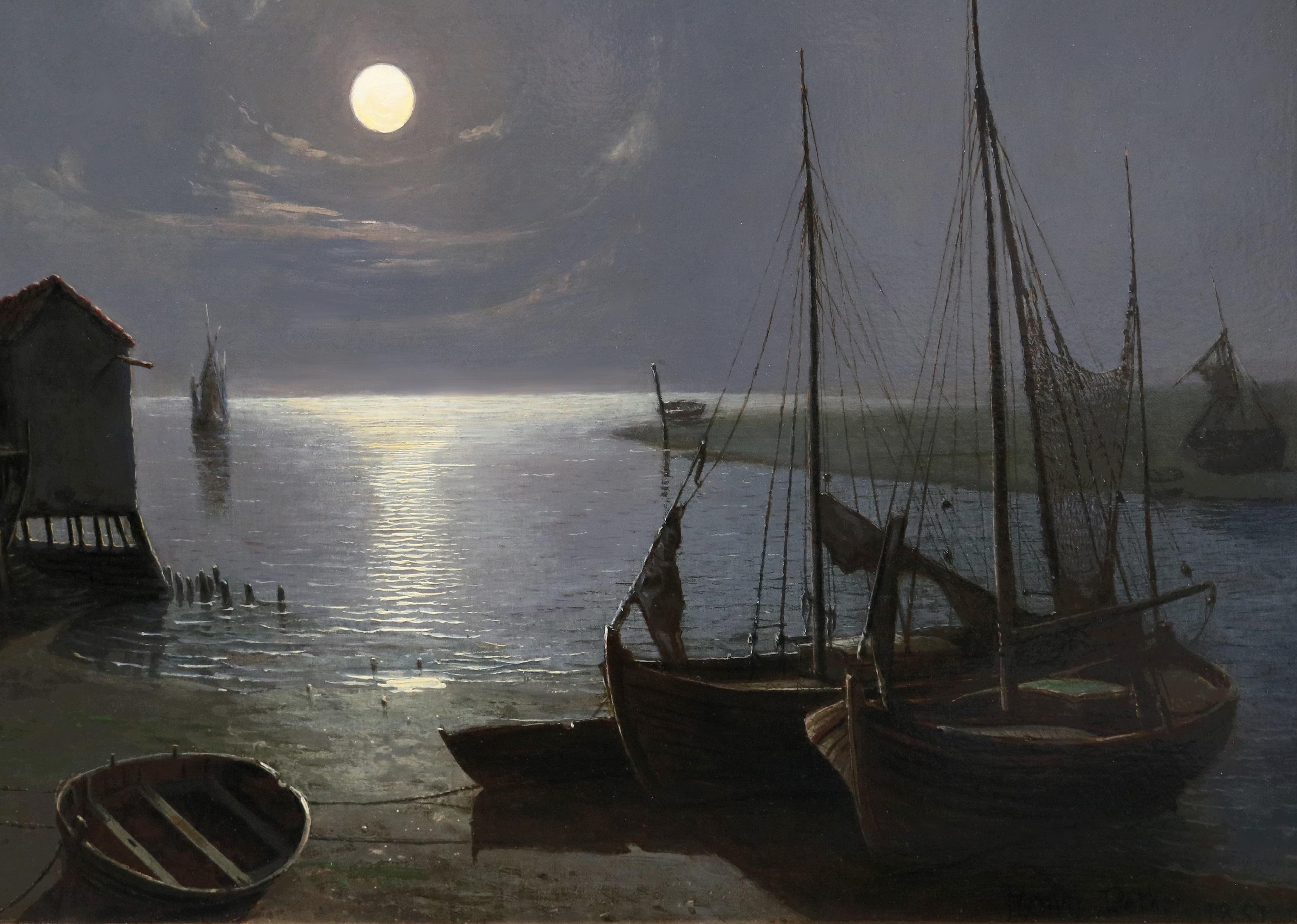 River Thames at Leigh by Moonlight - 19th Century Oil Painting Nocturne 1851 For Sale 7