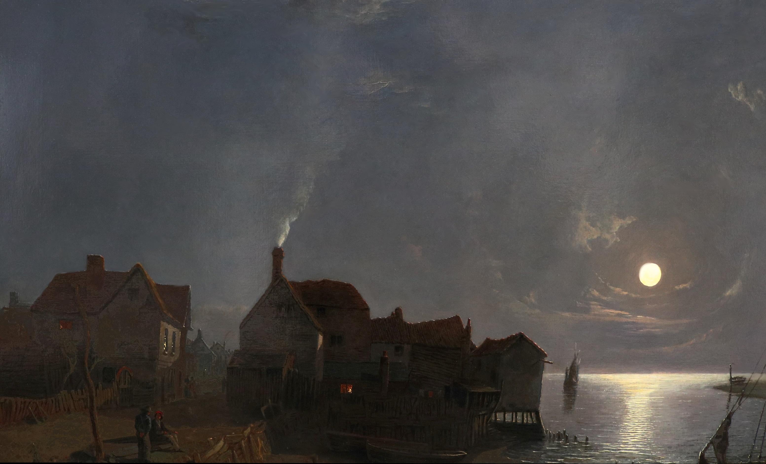 River Thames at Leigh by Moonlight - 19th Century Oil Painting Nocturne 1851 For Sale 1