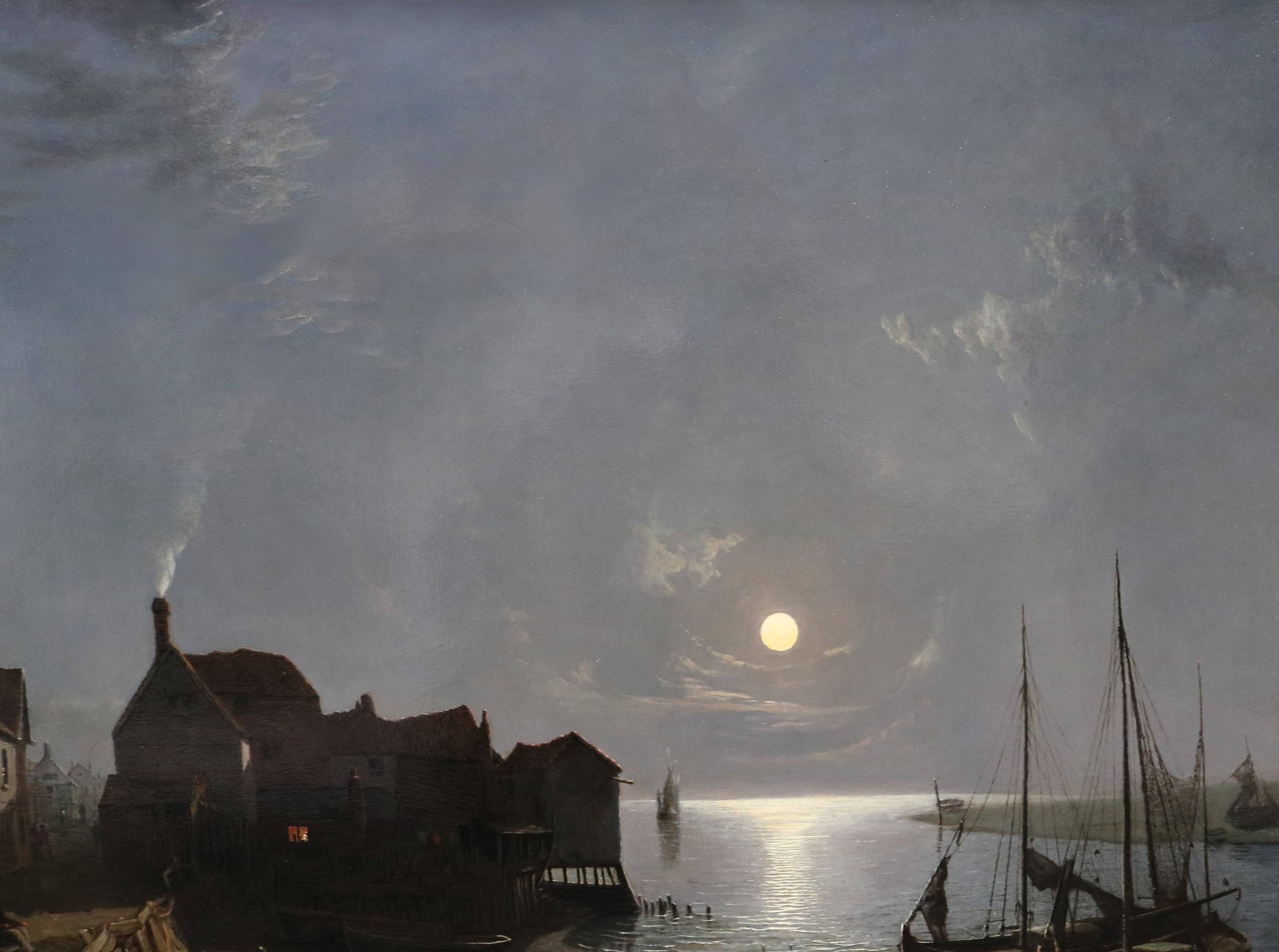 River Thames at Leigh by Moonlight - 19th Century Oil Painting Nocturne 1851 For Sale 3