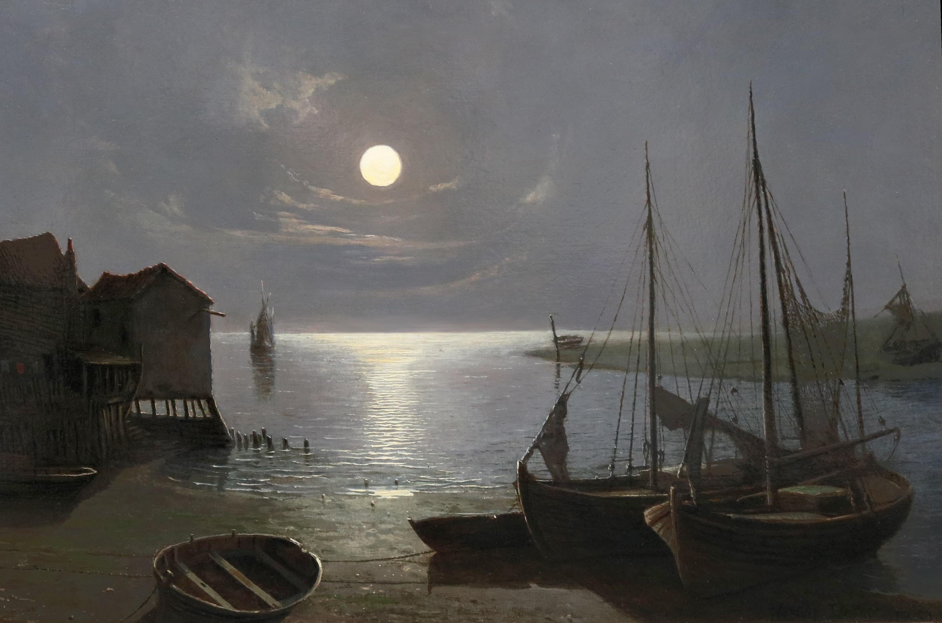 River Thames at Leigh by Moonlight - 19th Century Oil Painting Nocturne 1851 For Sale 5