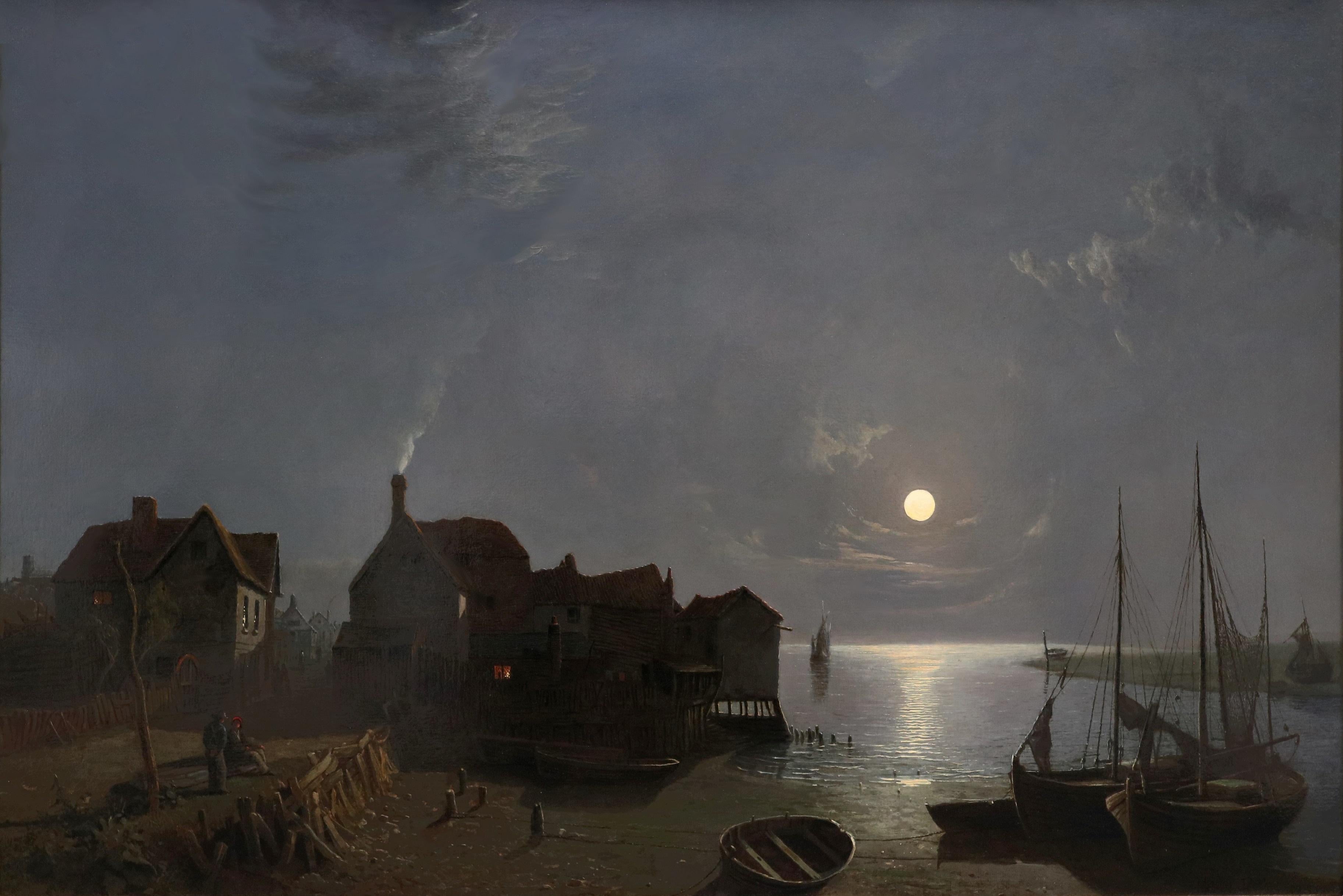 River Thames at Leigh by Moonlight - 19th Century Oil Painting of London 1851 - Black Figurative Painting by Henry Pether