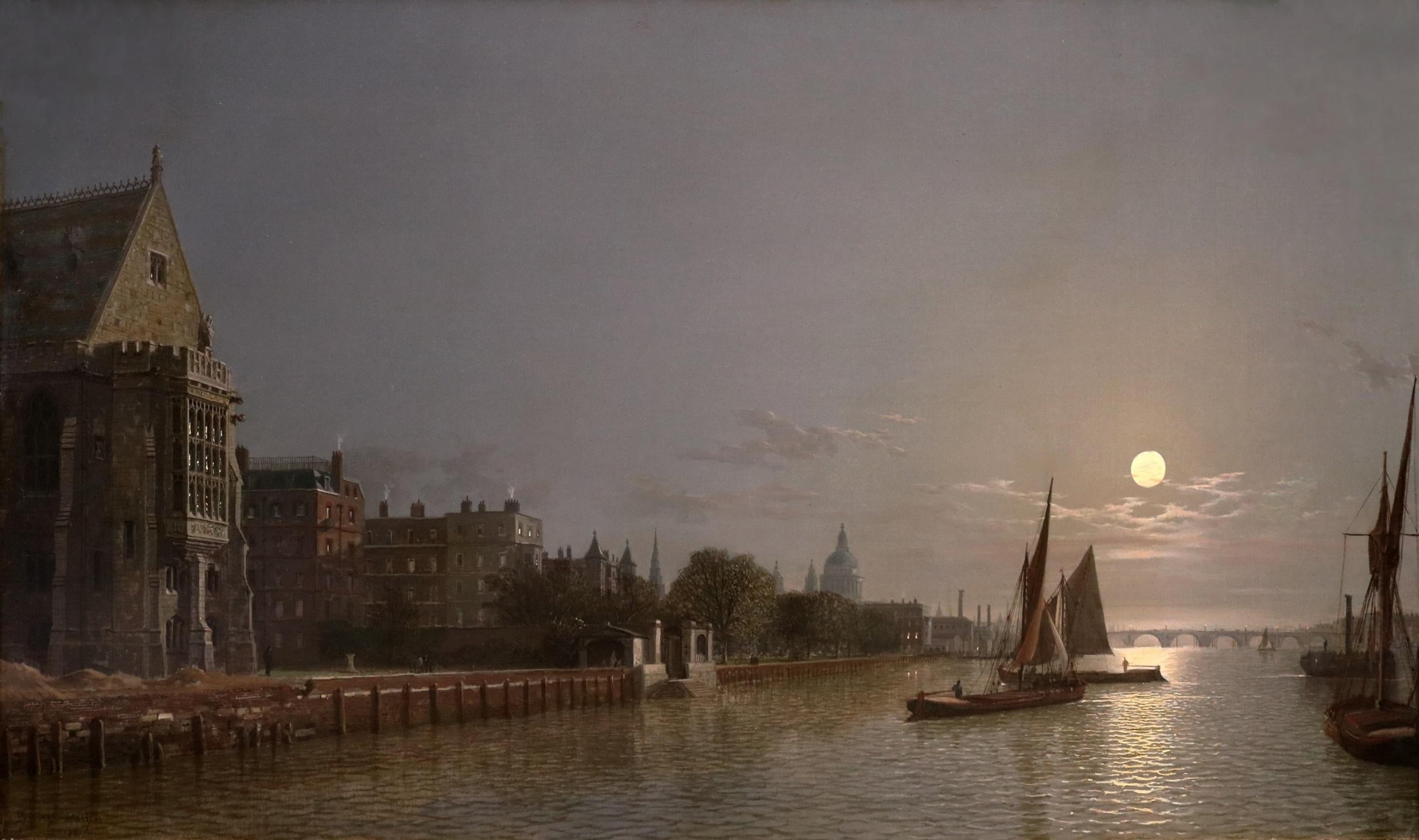 ‘The River Thames by Moonlight’ by Henry Pether (1800-1880). The painting which depicts an extensive nocturnal view of London from the Temple to St Paul’s Cathedral and Blackfriars Bridge under a full moon – is signed by the artist and dated 1861. 