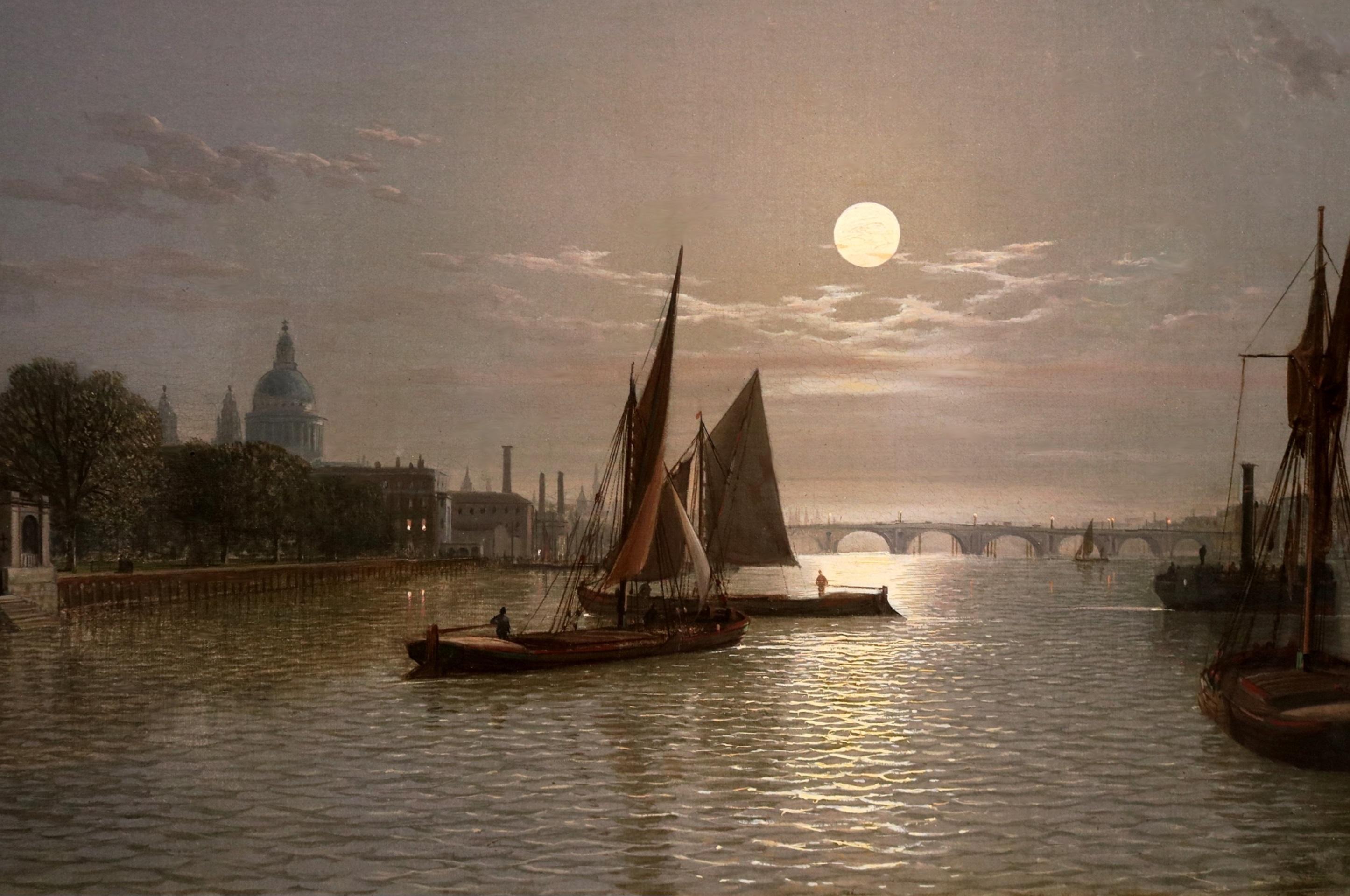 Il Tamigi al chiaro di luna - Pittura a olio del XIX secolo Londra vittoriana di notte 6