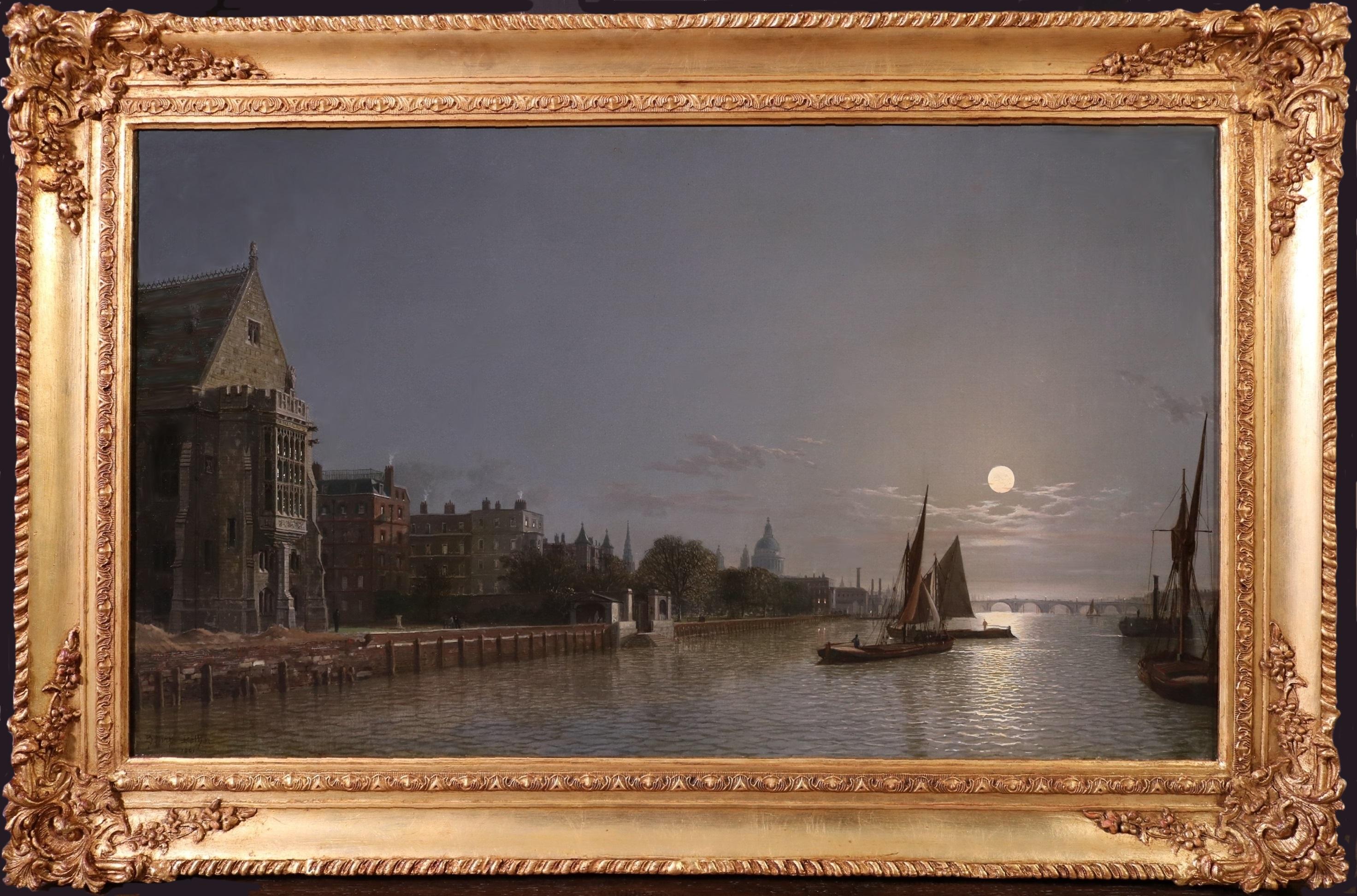 Il Tamigi al chiaro di luna - Pittura a olio del XIX secolo Londra vittoriana di notte - Painting di Henry Pether