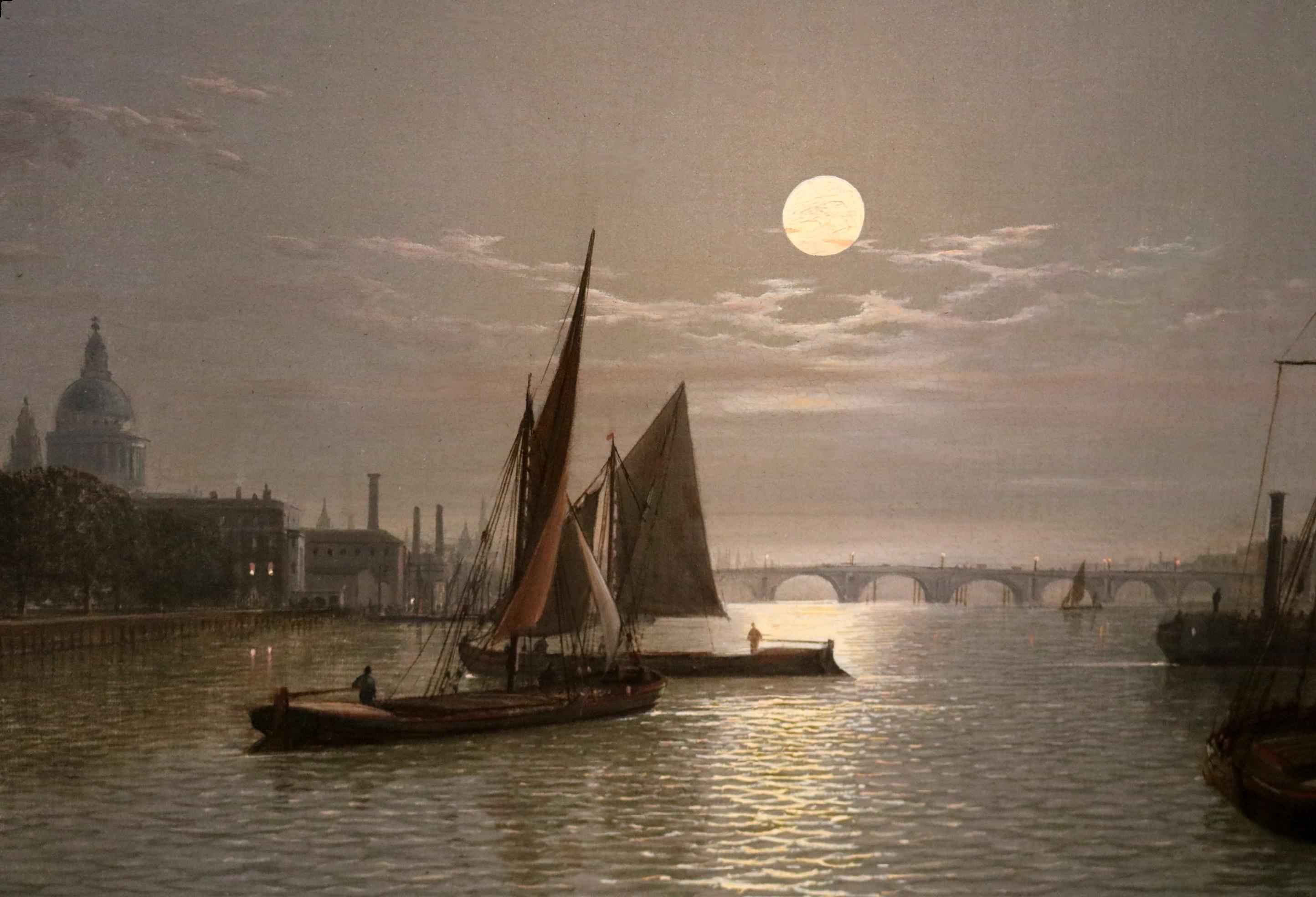 Il Tamigi al chiaro di luna - Pittura a olio del XIX secolo Londra vittoriana di notte 1