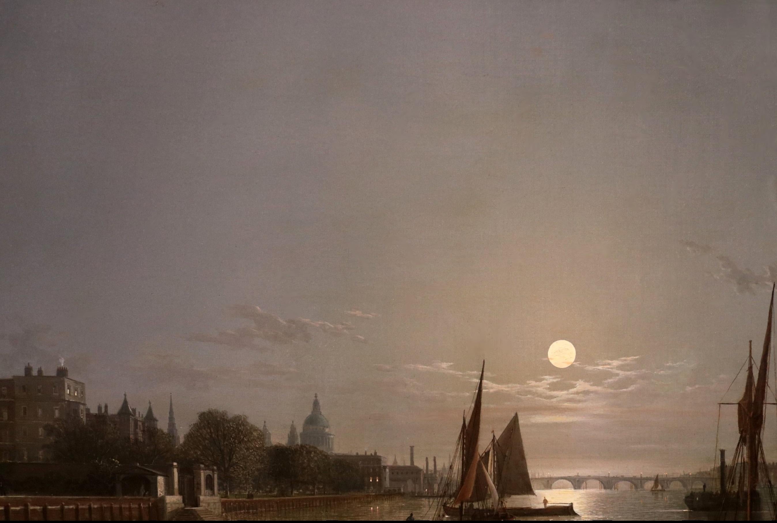 Il Tamigi al chiaro di luna - Pittura a olio del XIX secolo Londra vittoriana di notte 3