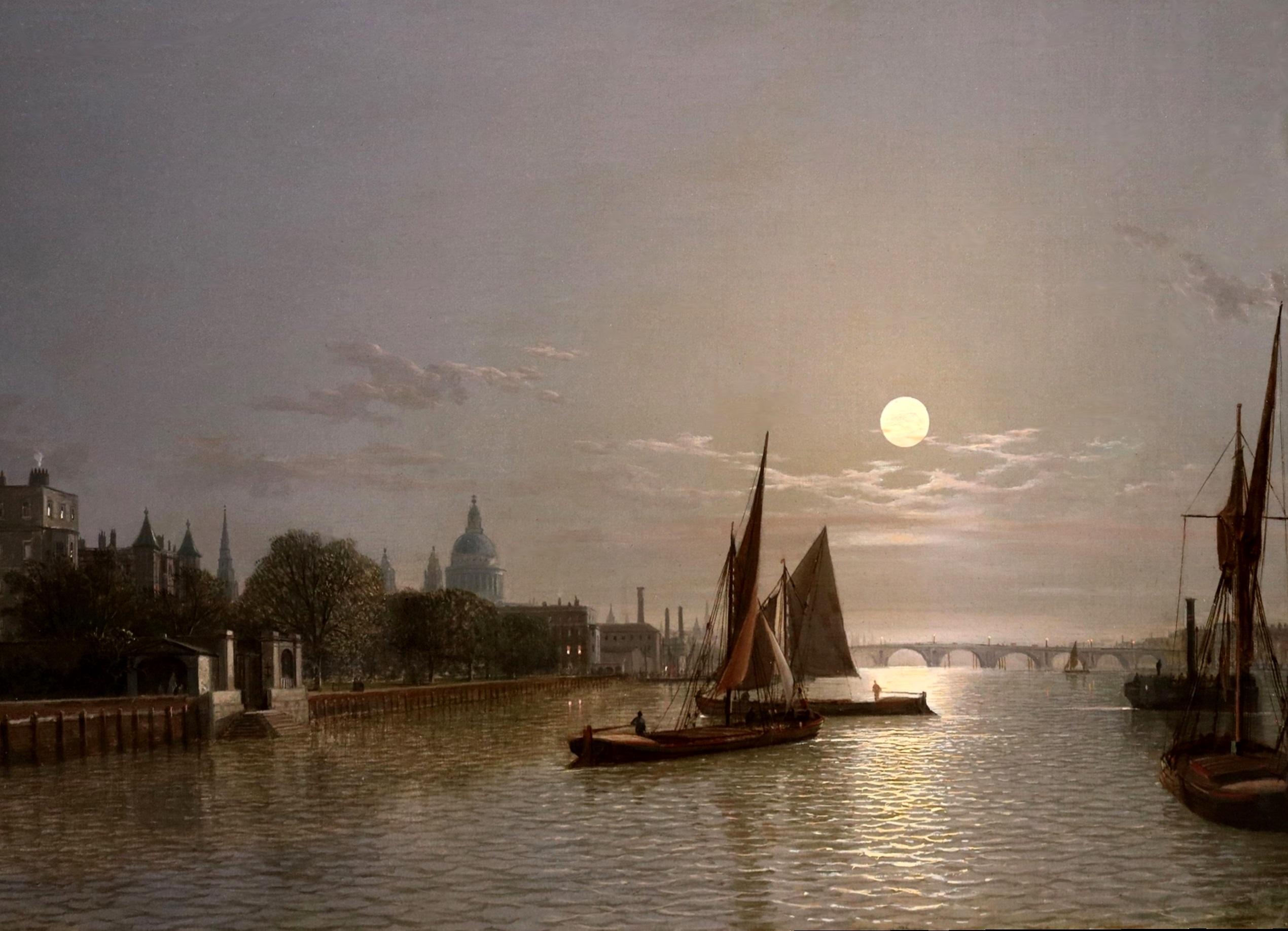 Il Tamigi al chiaro di luna - Pittura a olio del XIX secolo Londra vittoriana di notte 4