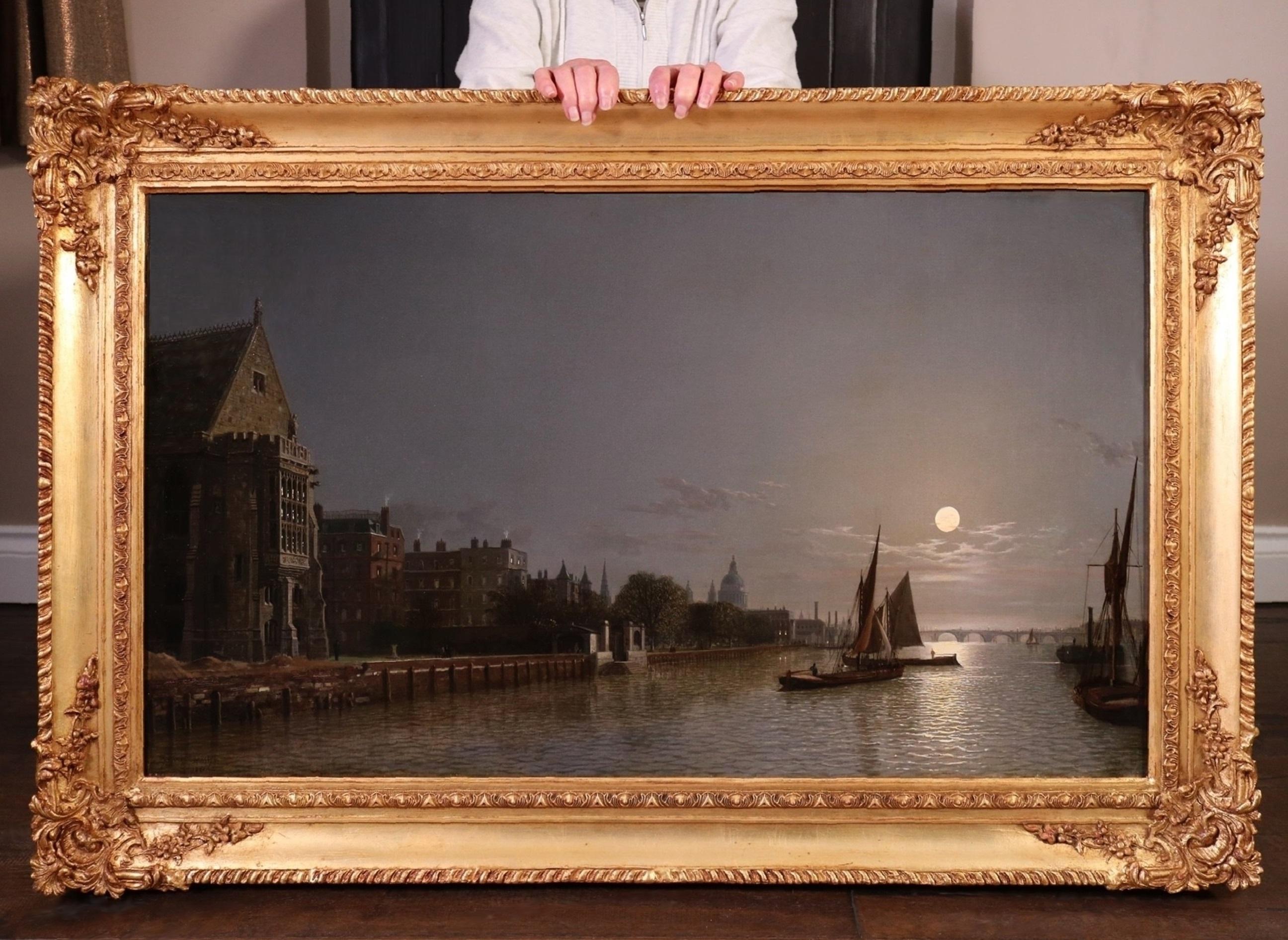 Landscape Painting di Henry Pether - Il Tamigi al chiaro di luna - Pittura a olio del XIX secolo Londra vittoriana di notte