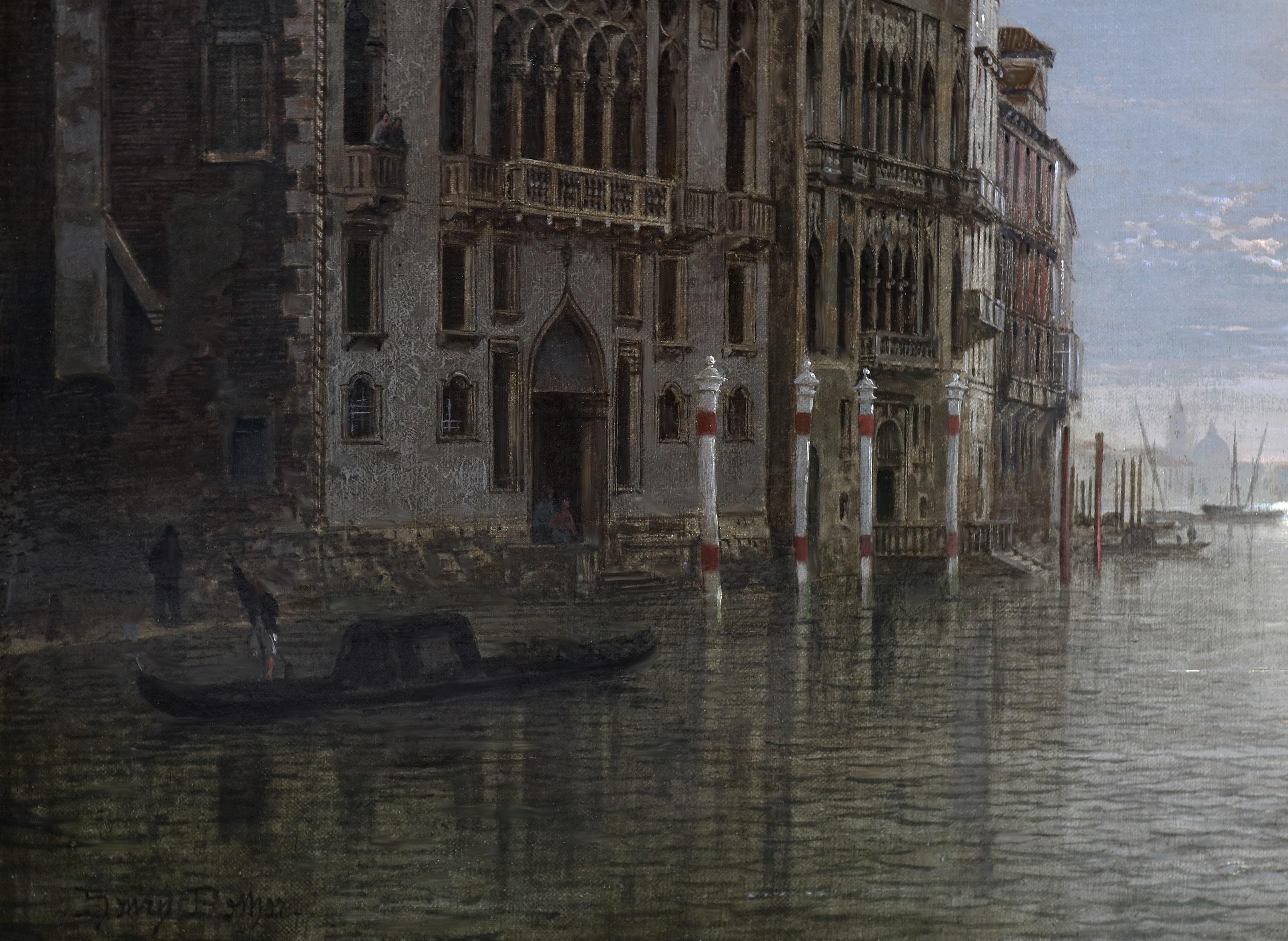 Venezia al chiaro di luna - Pittura ad olio del XIX secolo al chiaro di luna con notturno del Canal Grande 5