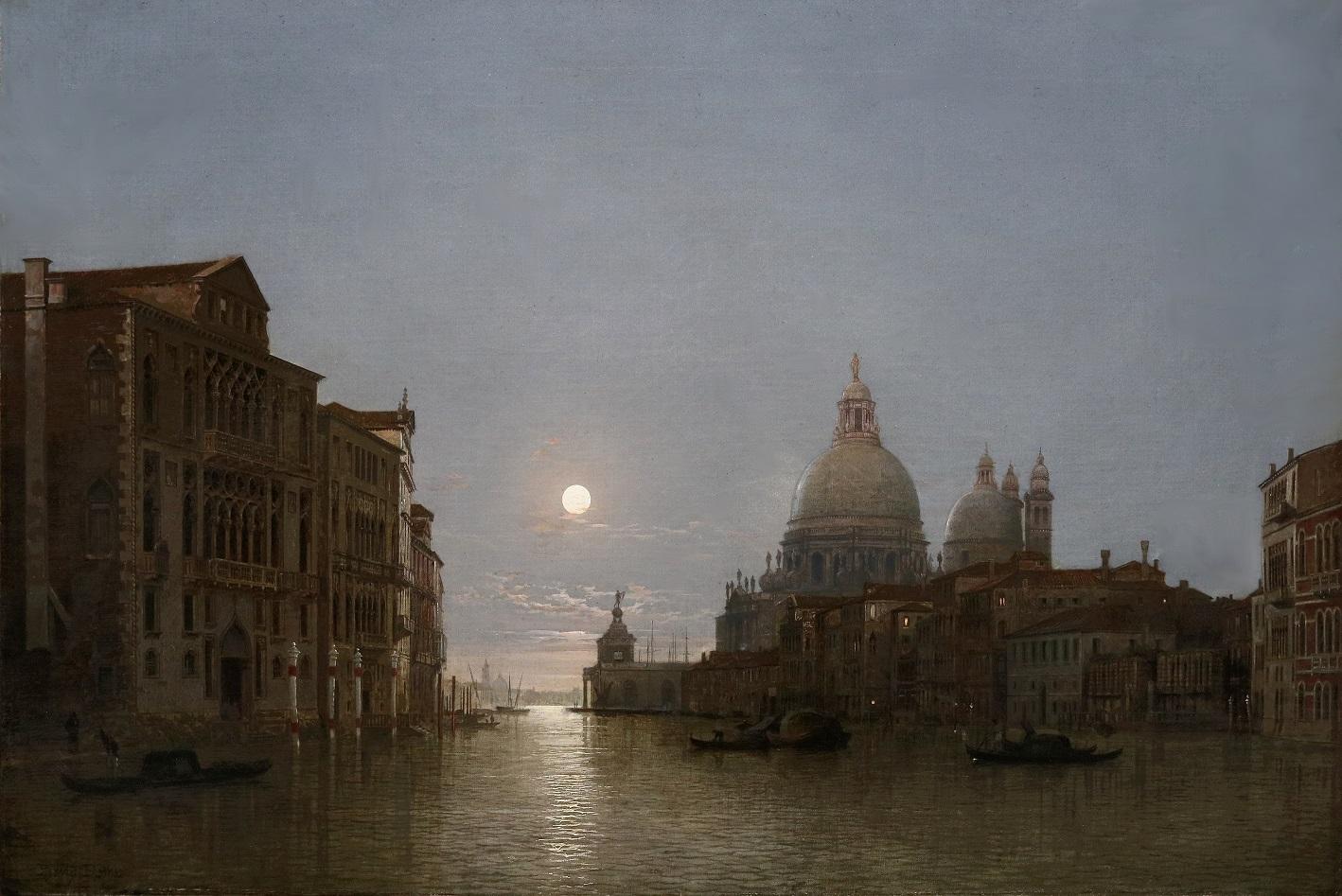 Venezia al chiaro di luna - Pittura ad olio del XIX secolo al chiaro di luna con notturno del Canal Grande - Painting di Henry Pether