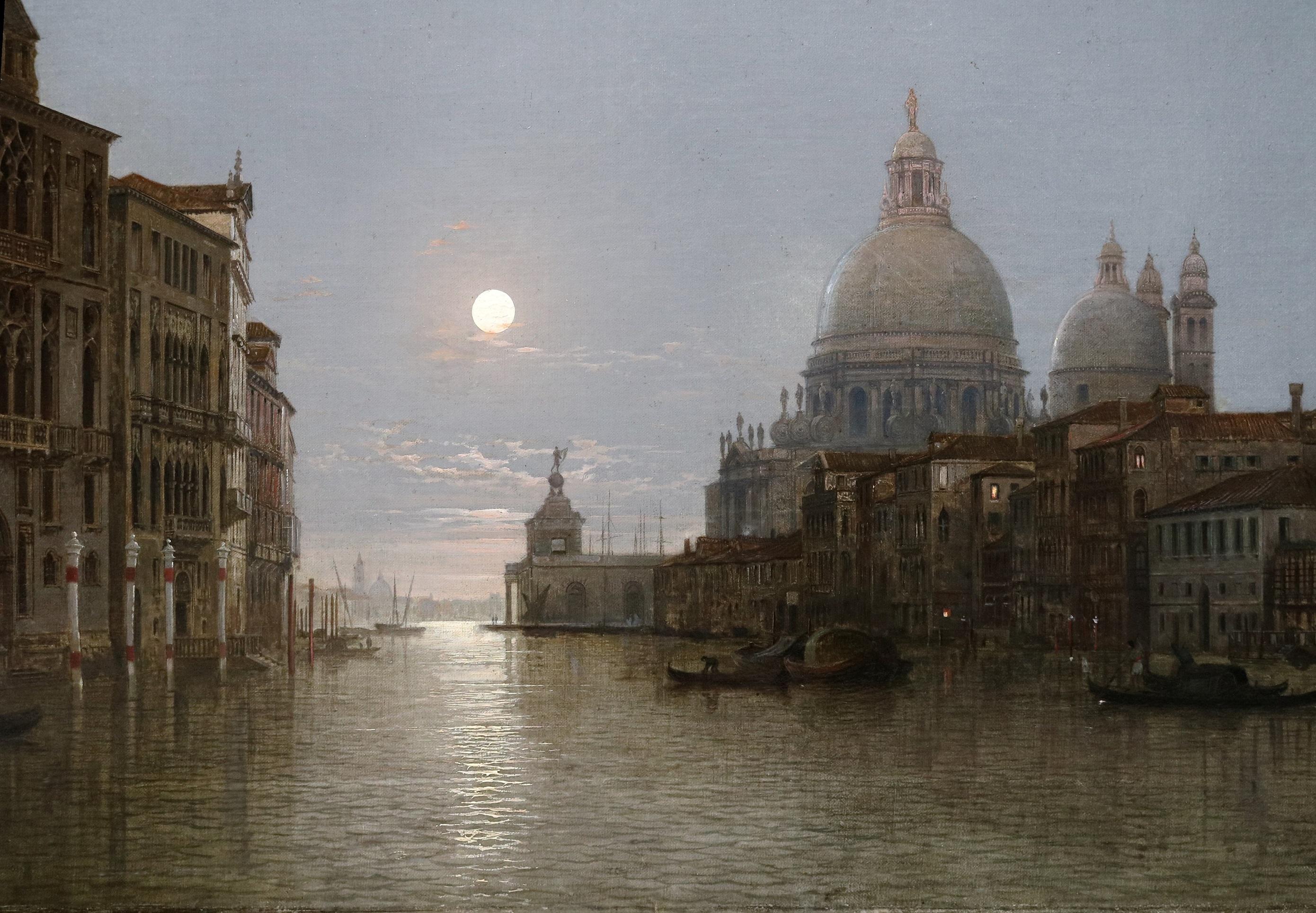 Venezia al chiaro di luna - Pittura ad olio del XIX secolo al chiaro di luna con notturno del Canal Grande - Landscape Painting Grigio di Henry Pether